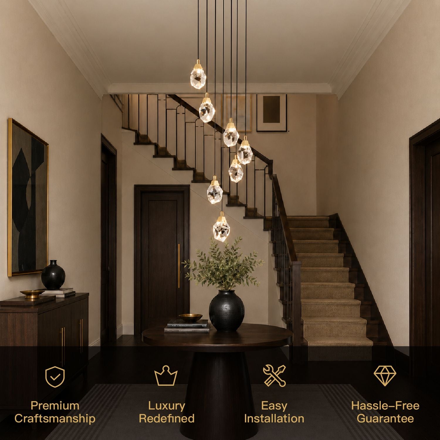 Nirvana Chandelier key features — Premium Craftsmanship, Luxury Redefined, Easy Installation, Hassle-Free Guarantee — displayed with elegant gold icons on dark background | Sofary Lighting