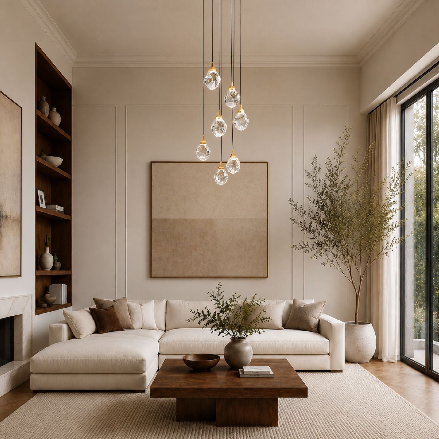 Nirvana Chandelier in a cozy living room — beige L-shaped sofa, wooden coffee table, large windows, and layered textures under cascading crystal radiance | Sofary Lighting