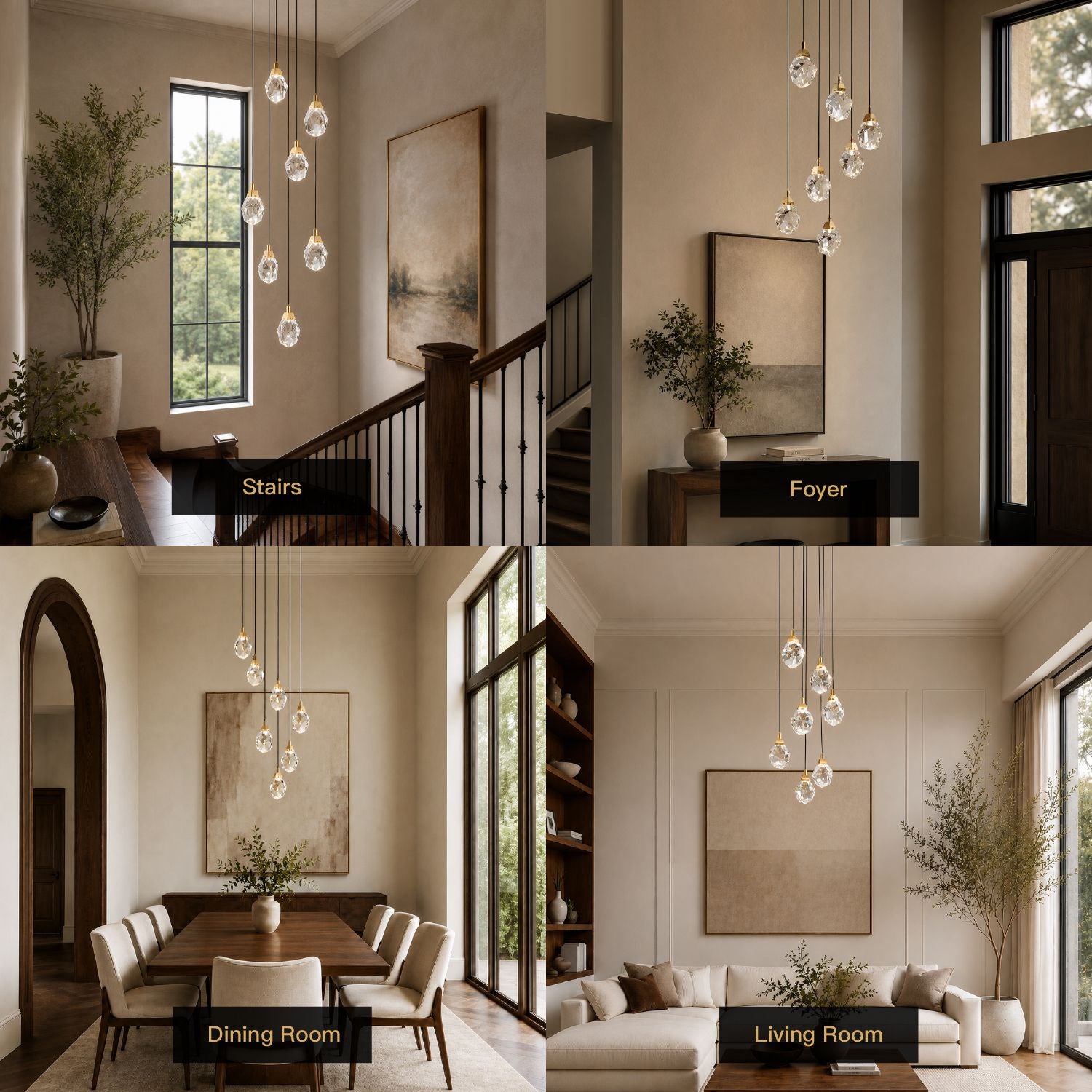 Nirvana Chandelier in multiple home settings — staircase landing, foyer console, dining area, and living room — showcasing versatility across modern interiors | Sofary Lighting