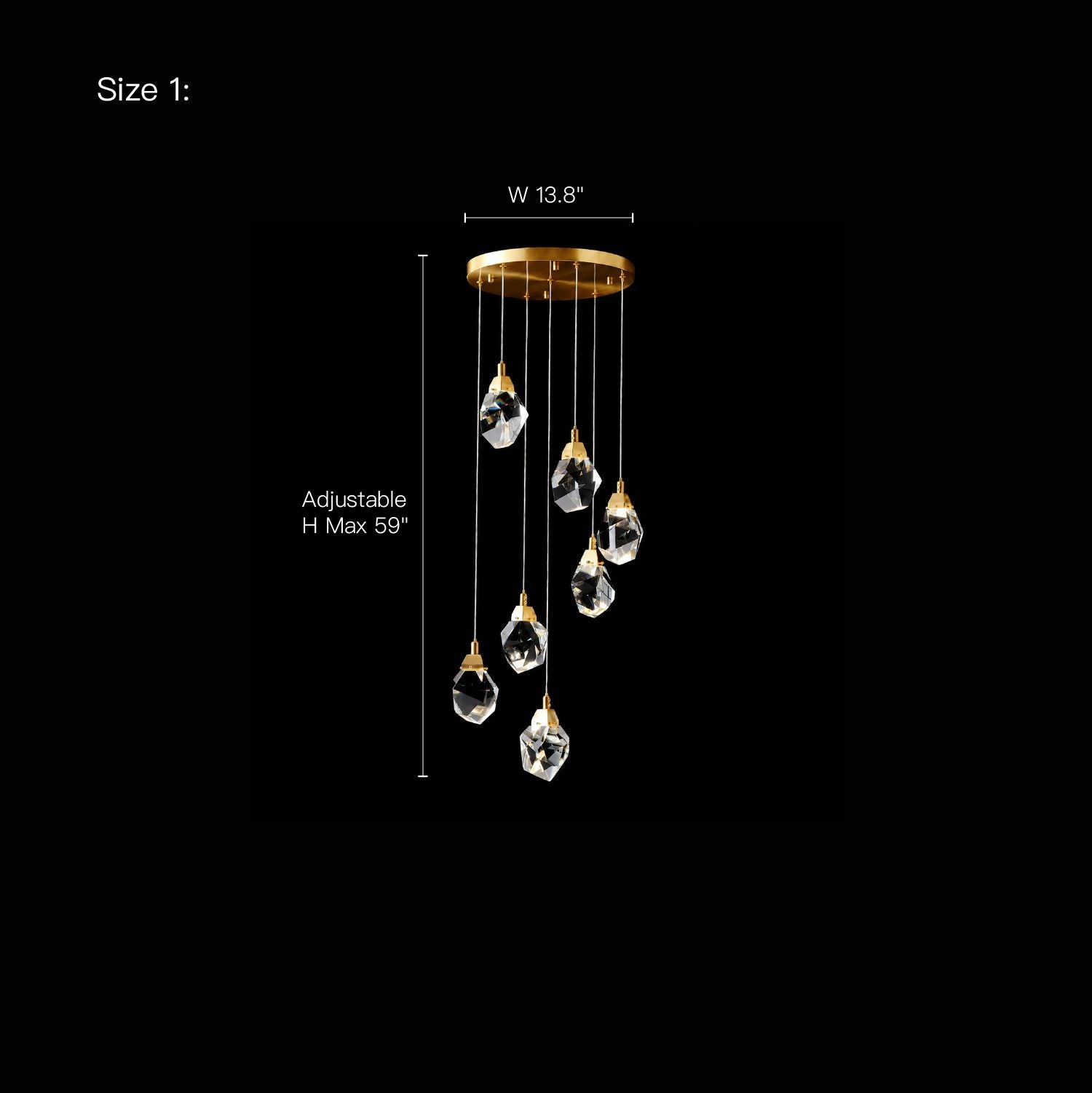 Nirvana Chandelier dimensions — Width 13.8", Adjustable Height up to 59", ideal for stairwells, foyers, and vaulted ceilings — shown with scale reference | Sofary Lighting