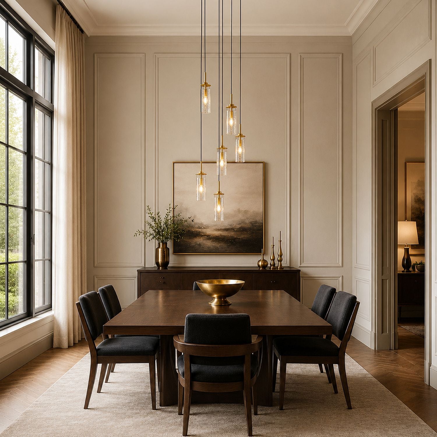 Novera Chandelier centered over formal dining table — dark wood table, upholstered chairs, textured rug — ideal for intimate dinners and family meals | Sofary Lighting