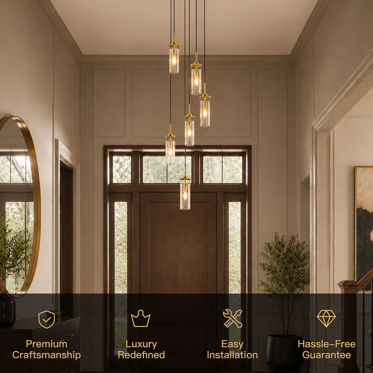 Novera Chandelier key features — premium craftsmanship, luxury redefined, easy installation, hassle-free guarantee — built for discerning homeowners and designers | Sofary Lighting