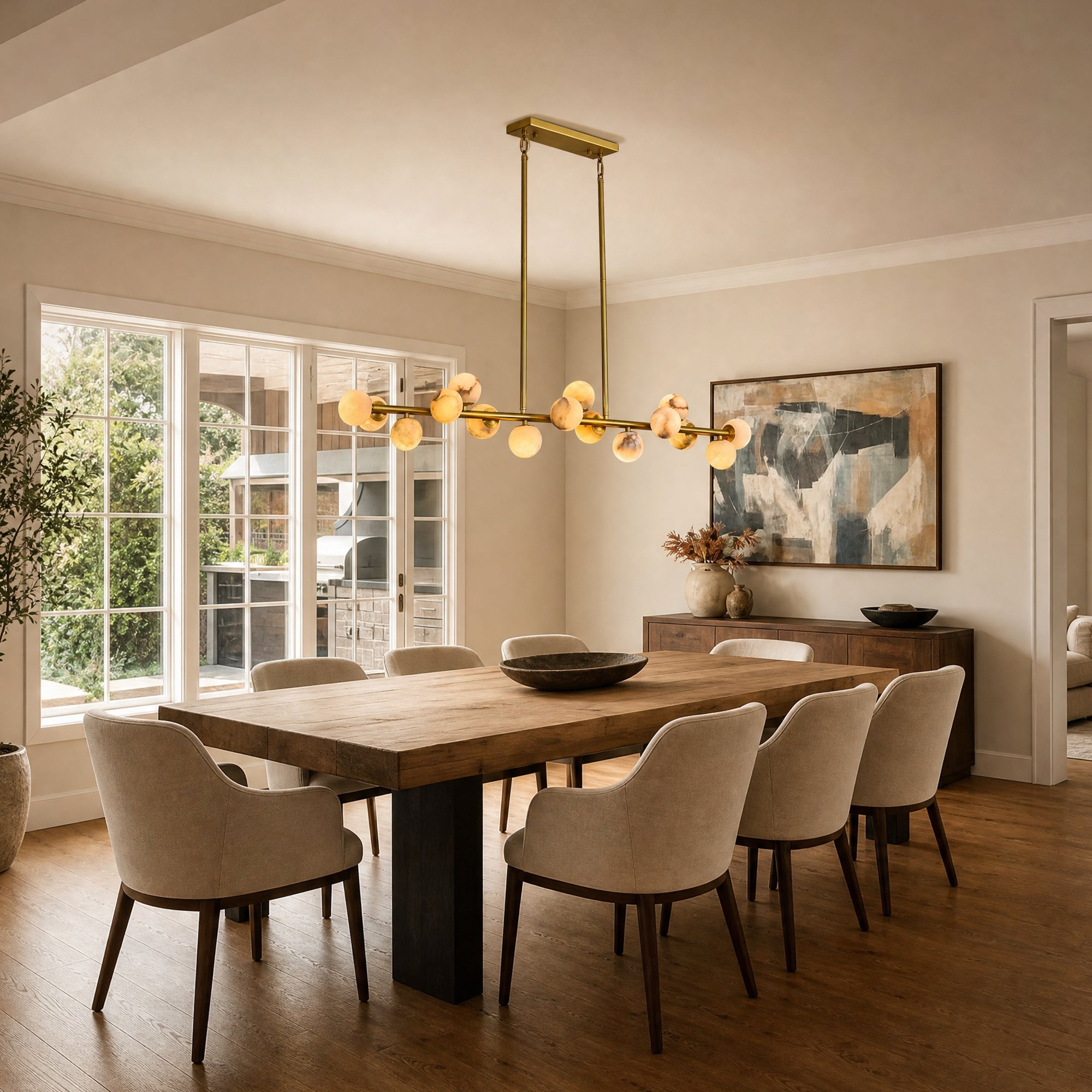 orbelia modern luxury gold alabaster globe linear chandelier daylight dining room scene