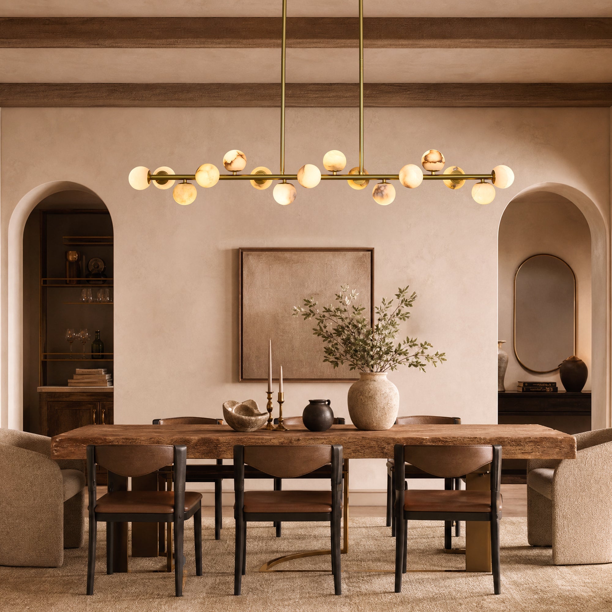 orbelia modern luxury gold alabaster globe linear chandelier dining room evening scene