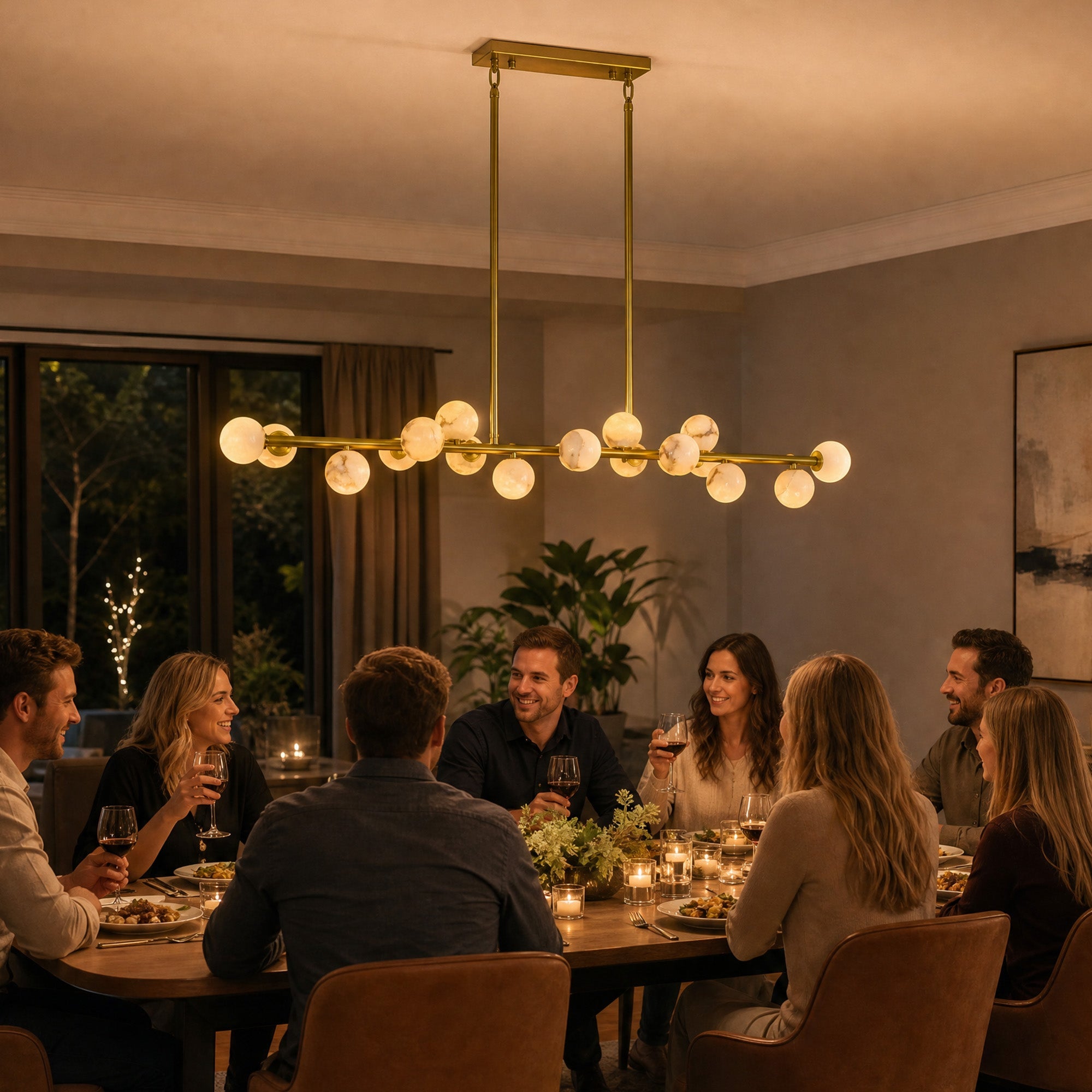 orbelia modern luxury gold alabaster globe linear chandelier dining room gathering ambience
