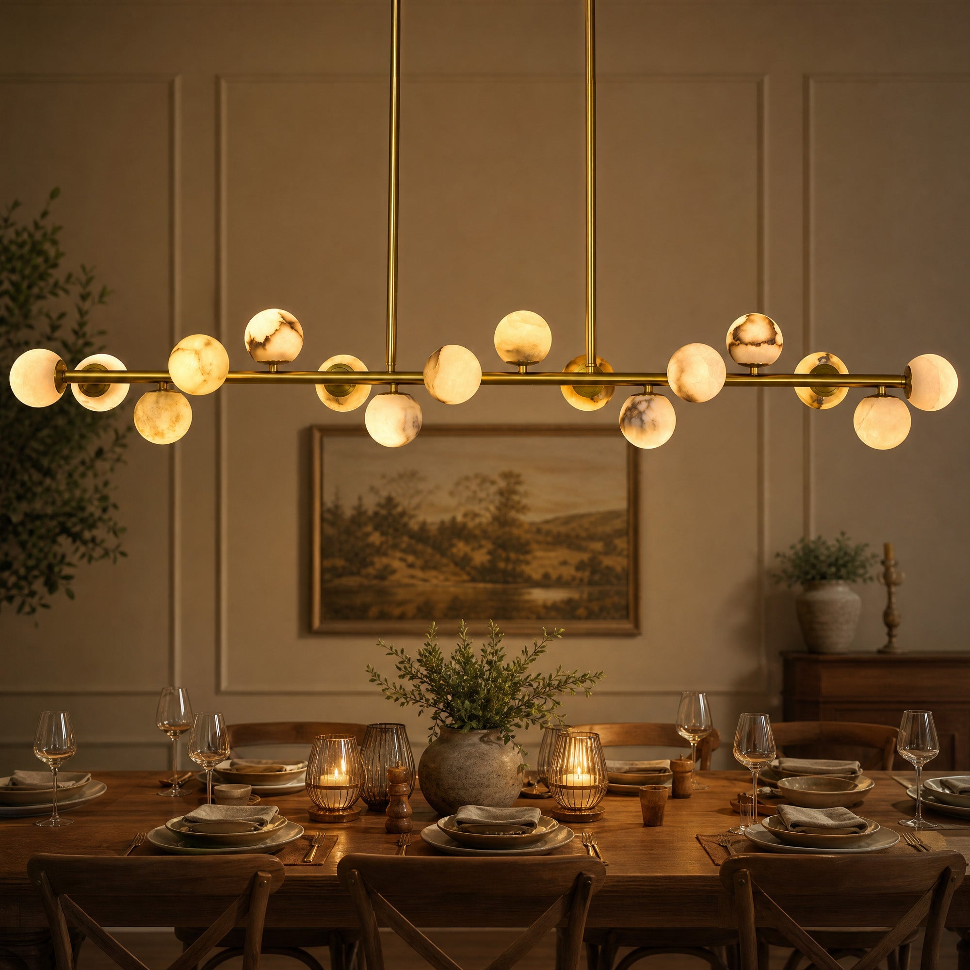 orbelia modern luxury gold alabaster globe linear chandelier moody dining room centrepiece