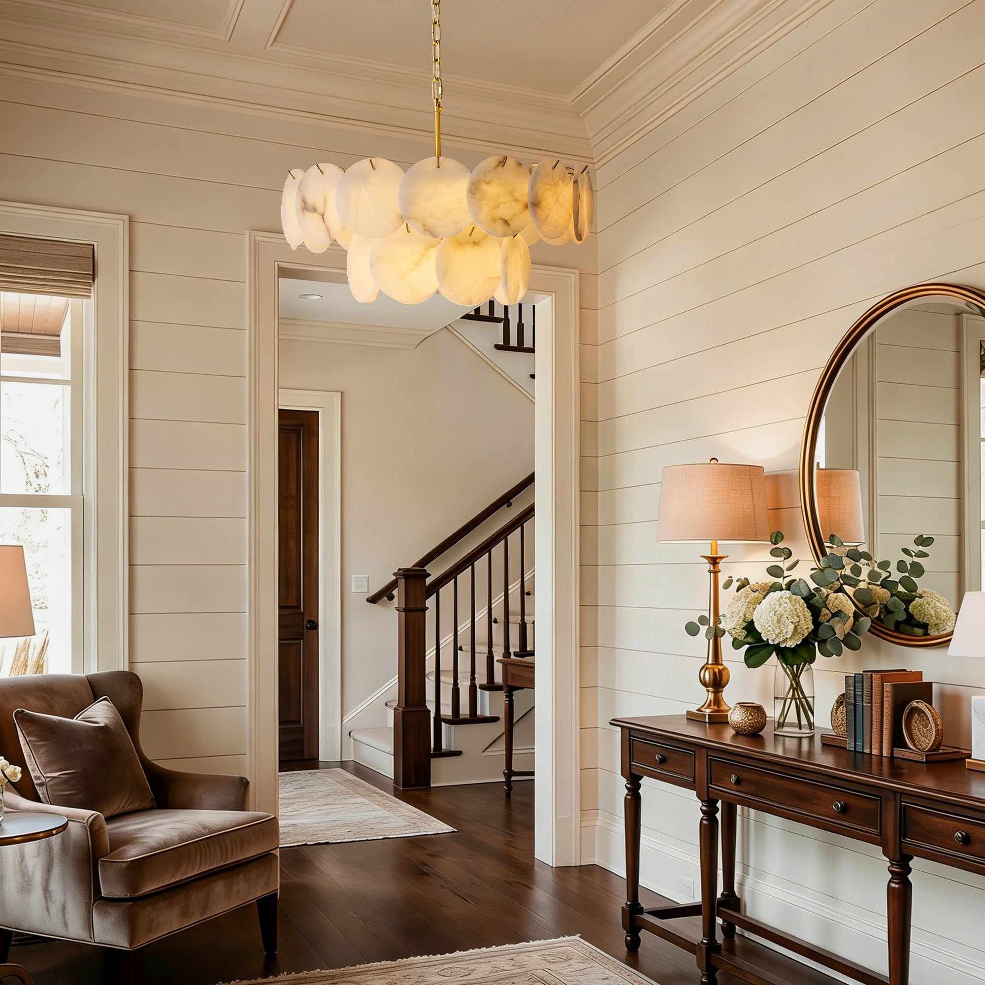 orlisse-modern-luxury-brass-alabaster-double-tier-disc-chandelier-next-to-stair-CH496-B-20260512