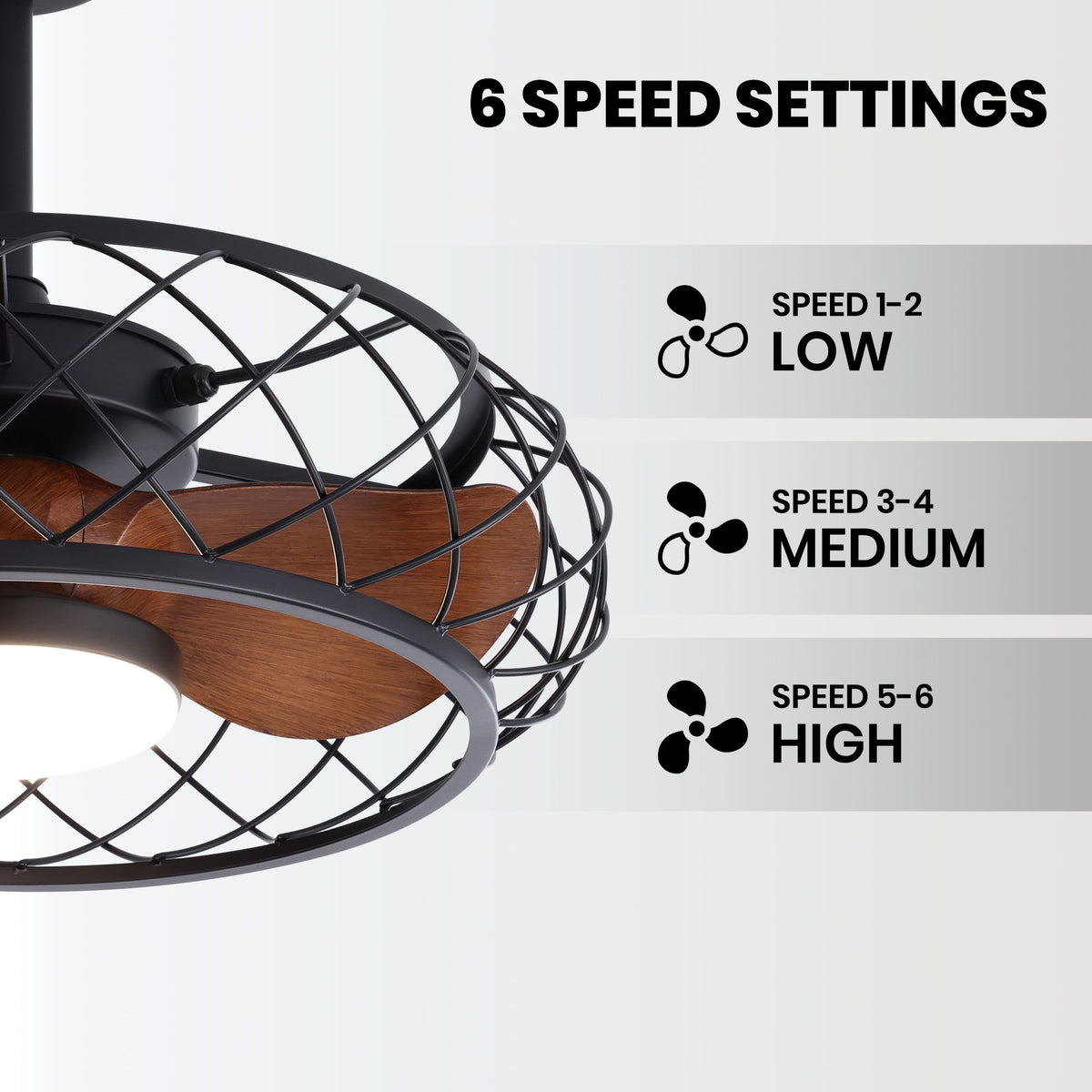 Outdoor plug-in ceiling fan 6 speed settings — speed 1-2 low, 3-4 medium, 5-6 high, adjustable airflow for patio comfort | Sofary Lighting