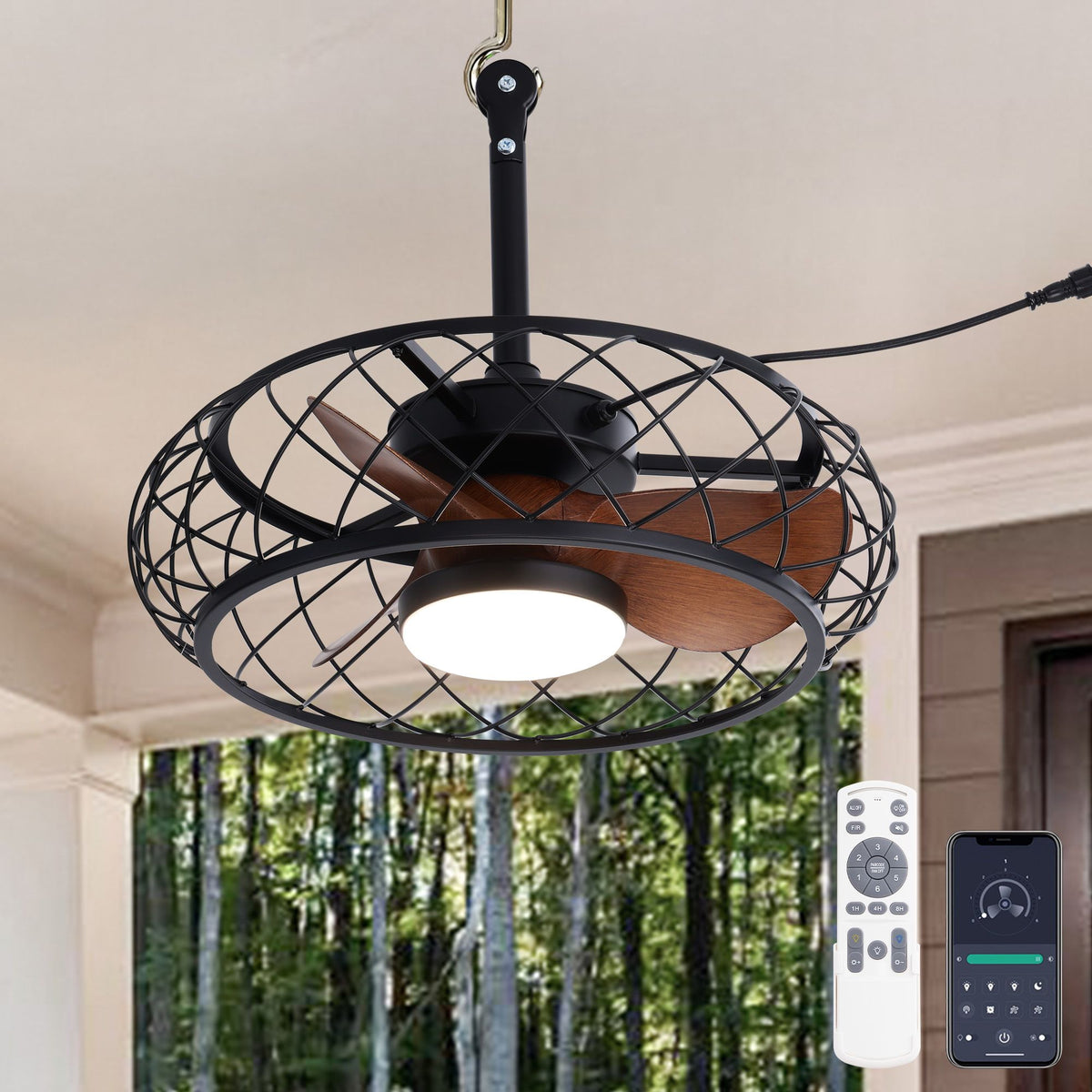 Patio 19.6" Waterproof Outdoor Smart Plug-In Ceiling Fan with Light — black metal caged design, walnut ABS blades, 15W LED light, remote & app control, plug-in cord, outdoor ceiling fan | Sofary Lighting