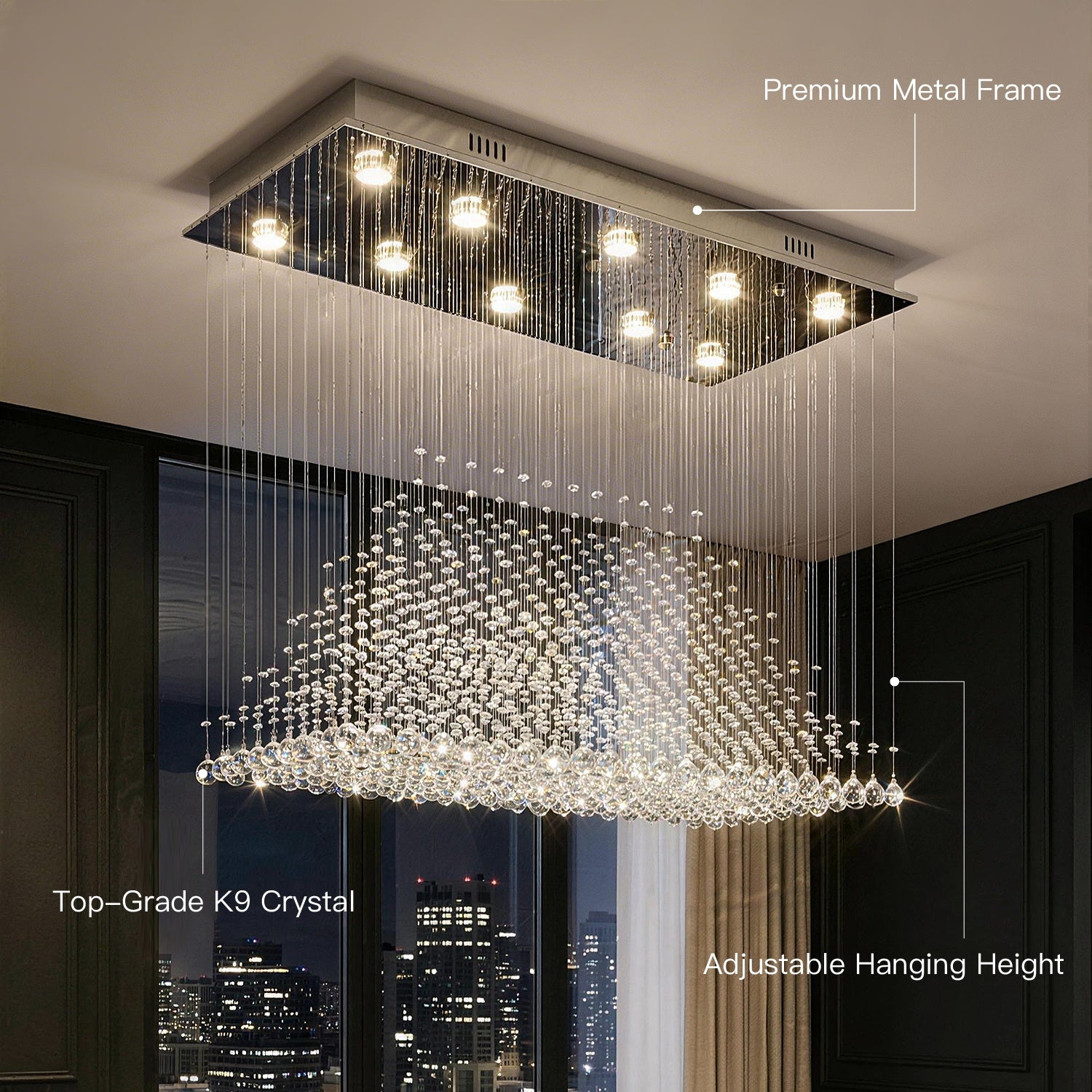 rectangular k9 crystal chandelier showing premium metal frame adjustable hanging height and crystal details | Sofary Lighting