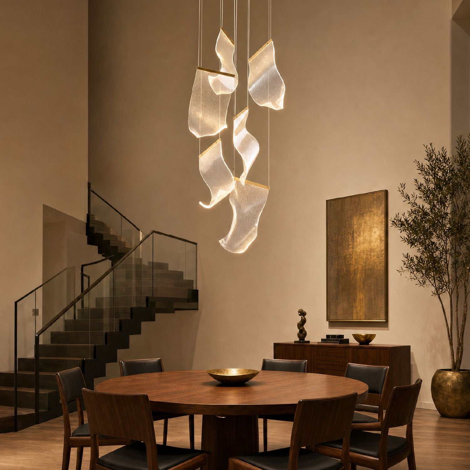 Raindrop Modern Luxury Cascading Water-Ripple Glass Chandelier in an elegant dining room — suspended above a round wooden table with black chairs, a dark wood sideboard, and a large gold-framed painting, against a beige wall with wainscoting | Sofary Lighting