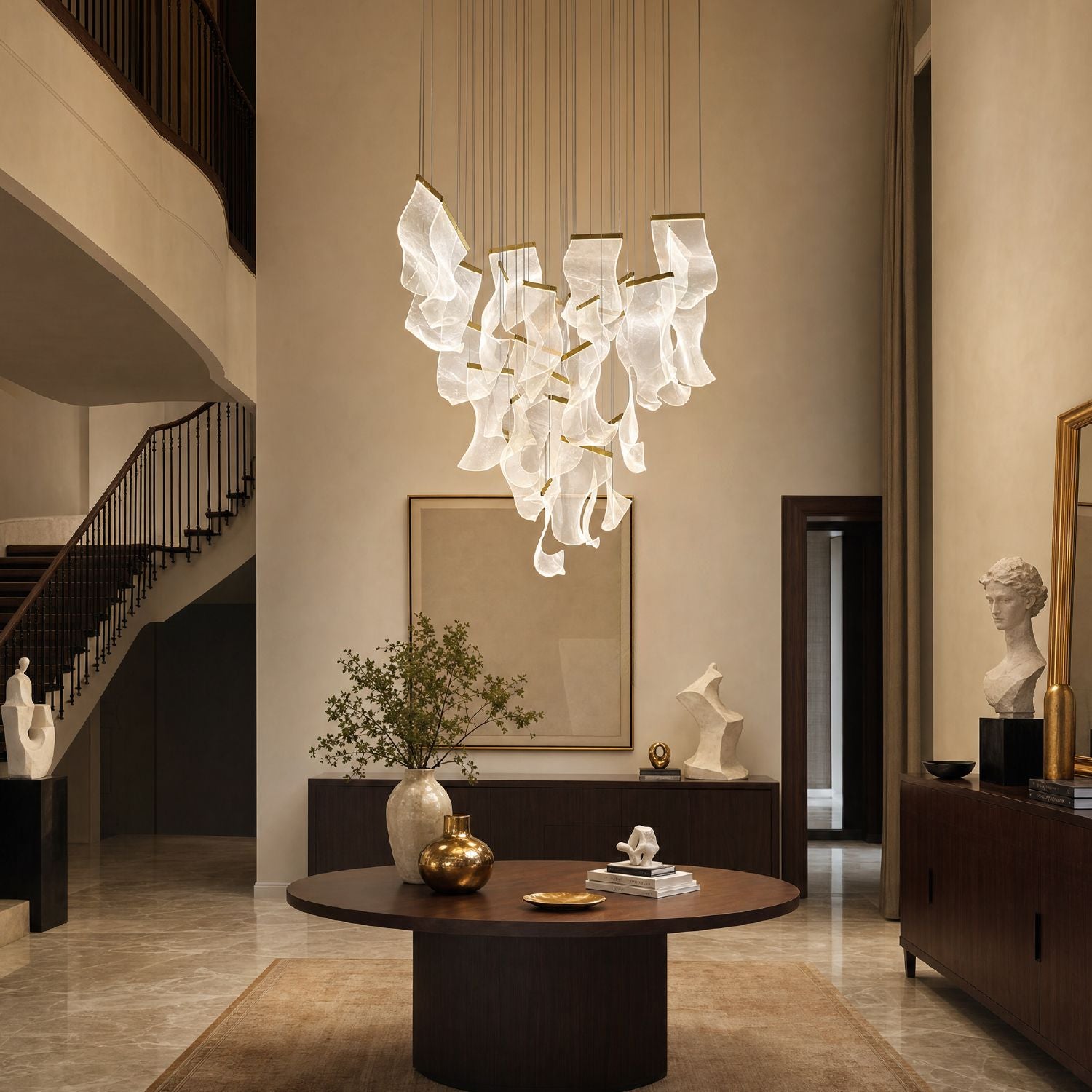 Raindrop Modern Luxury Cascading Water-Ripple Glass Chandelier in a modern living room — hanging above a marble coffee table, and a large abstract painting, against a gray paneled wall | Sofary Lighting