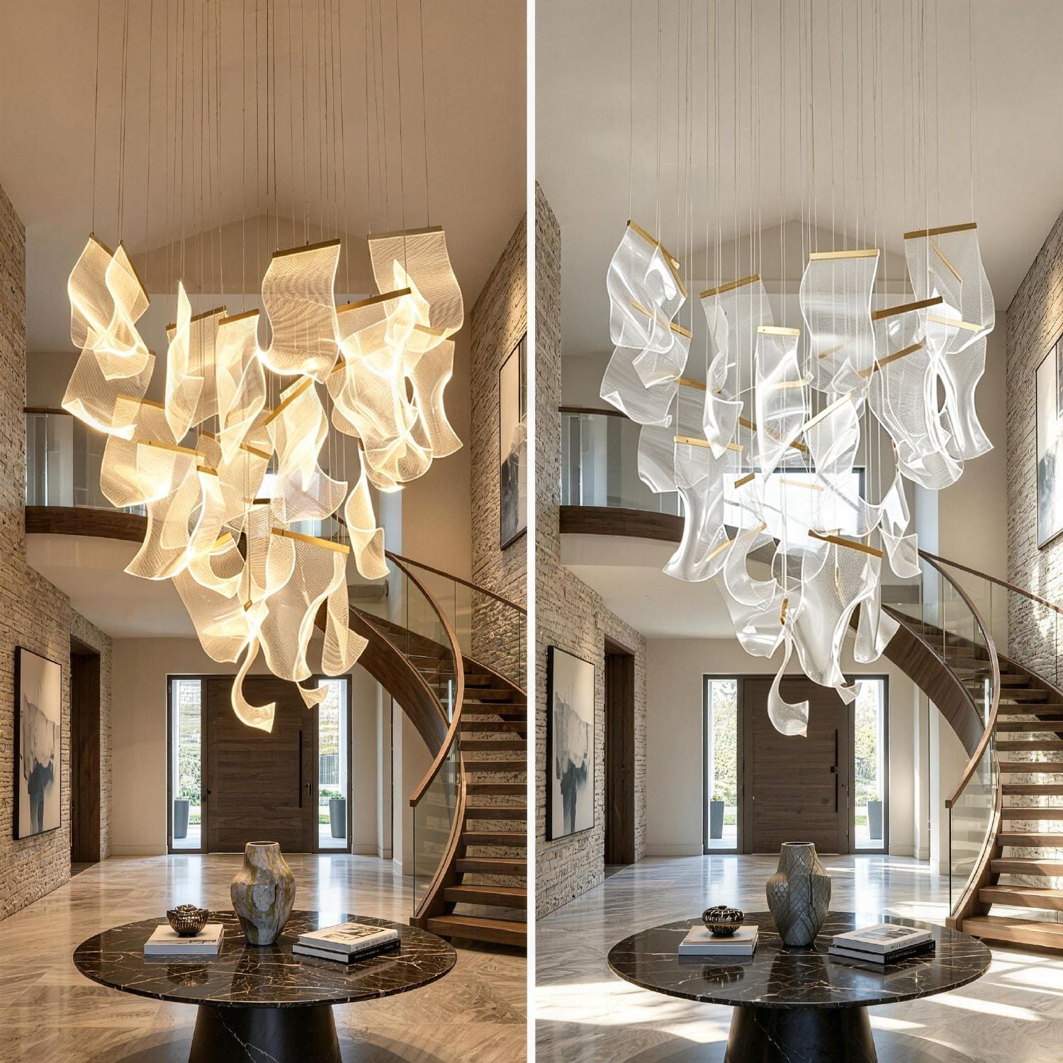 Raindrop Modern Luxury Cascading Water-Ripple Glass Chandelier on-off comparison — left side illuminated with warm glowing ripples, right side unlit showing transparent glass texture, both in a grand foyer with double doors and natural light | Sofary Lighting