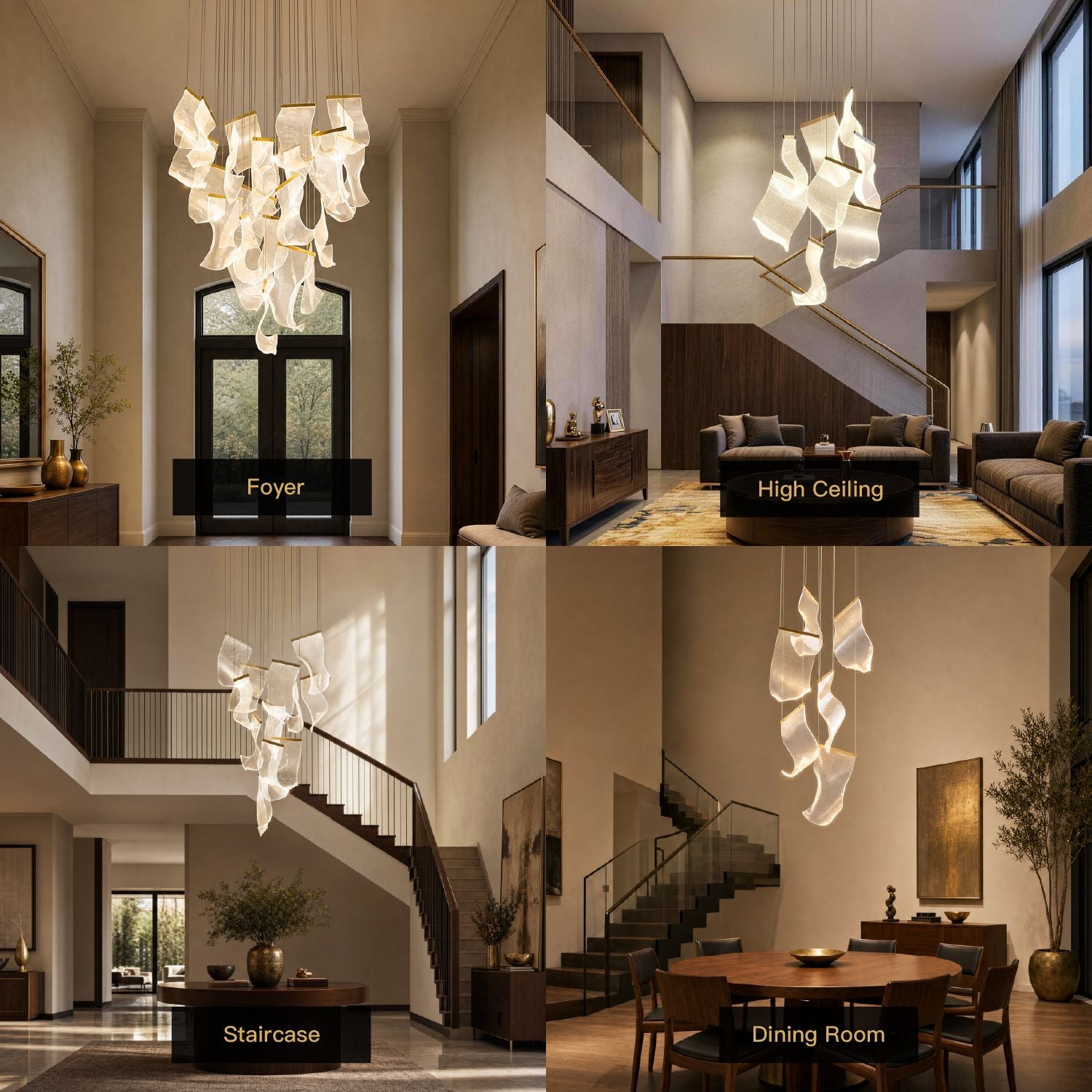 Raindrop Modern Luxury Cascading Water-Ripple Glass Chandelier in 4 home scenes: Foyer (double doors), High Ceiling (tall beige walls), Staircase (curved railing), Dining Room (round table) | Sofary Lighting