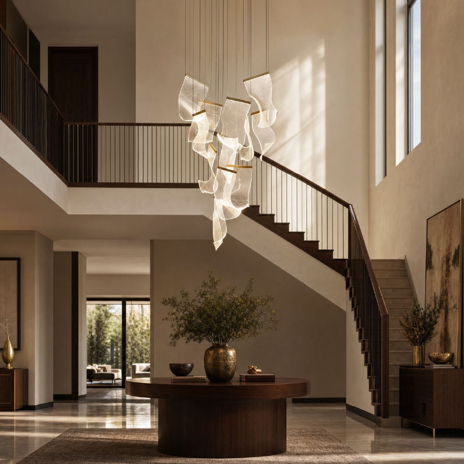 Raindrop Modern Luxury Cascading Water-Ripple Glass Chandelier in a grand staircase setting — suspended above a curved staircase with dark wood steps and metal railings, illuminating a two-story space with natural light from tall windows | Sofary Lighting