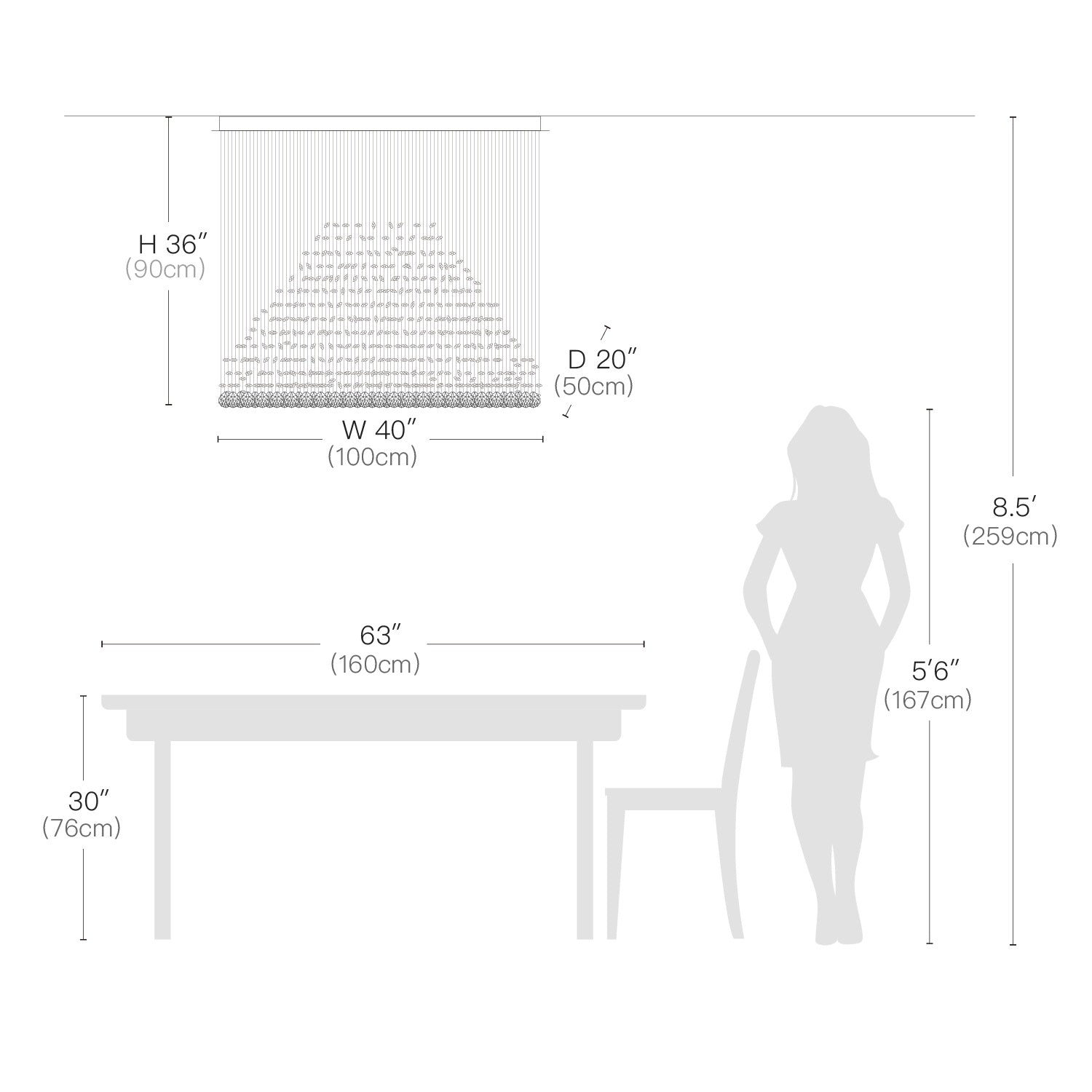 dimensions diagram of rectangular k9 crystal chandelier showing width height and installation scale | Sofary Lighting