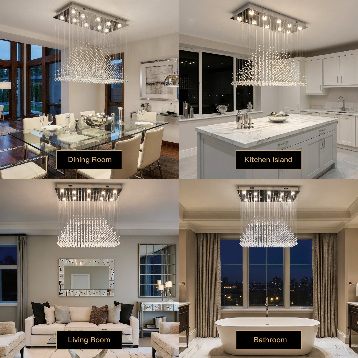 modern rectangular crystal chandelier used in dining room kitchen island living room and bathroom interiors | Sofary Lighting