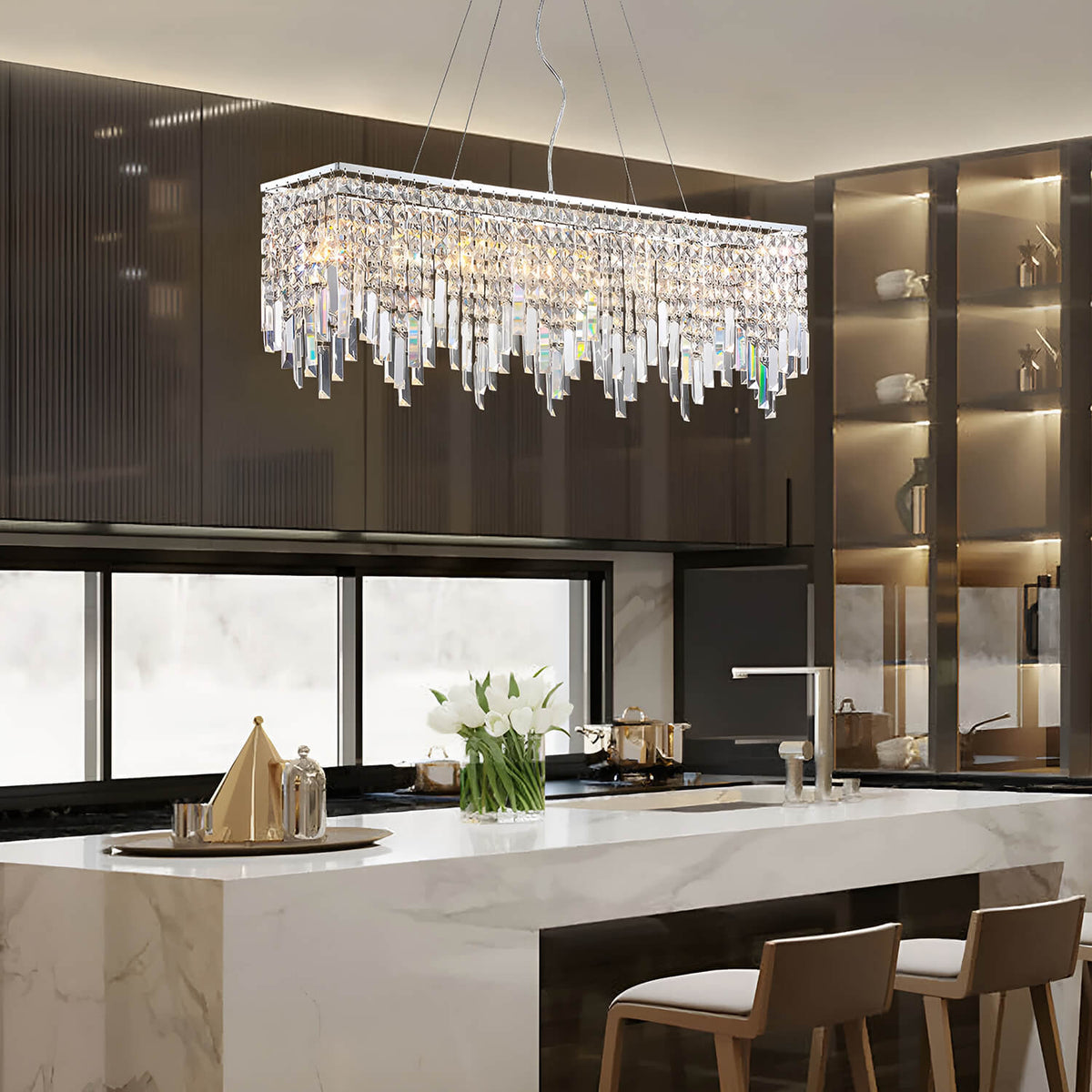 Rectangular Linear Design Crystal Chandelier for Dining Room