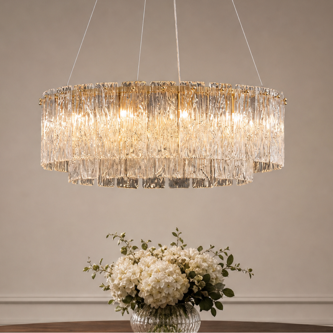 Rivellia Contemporary Gold Rippled Glass Ring Chandelier main dining room