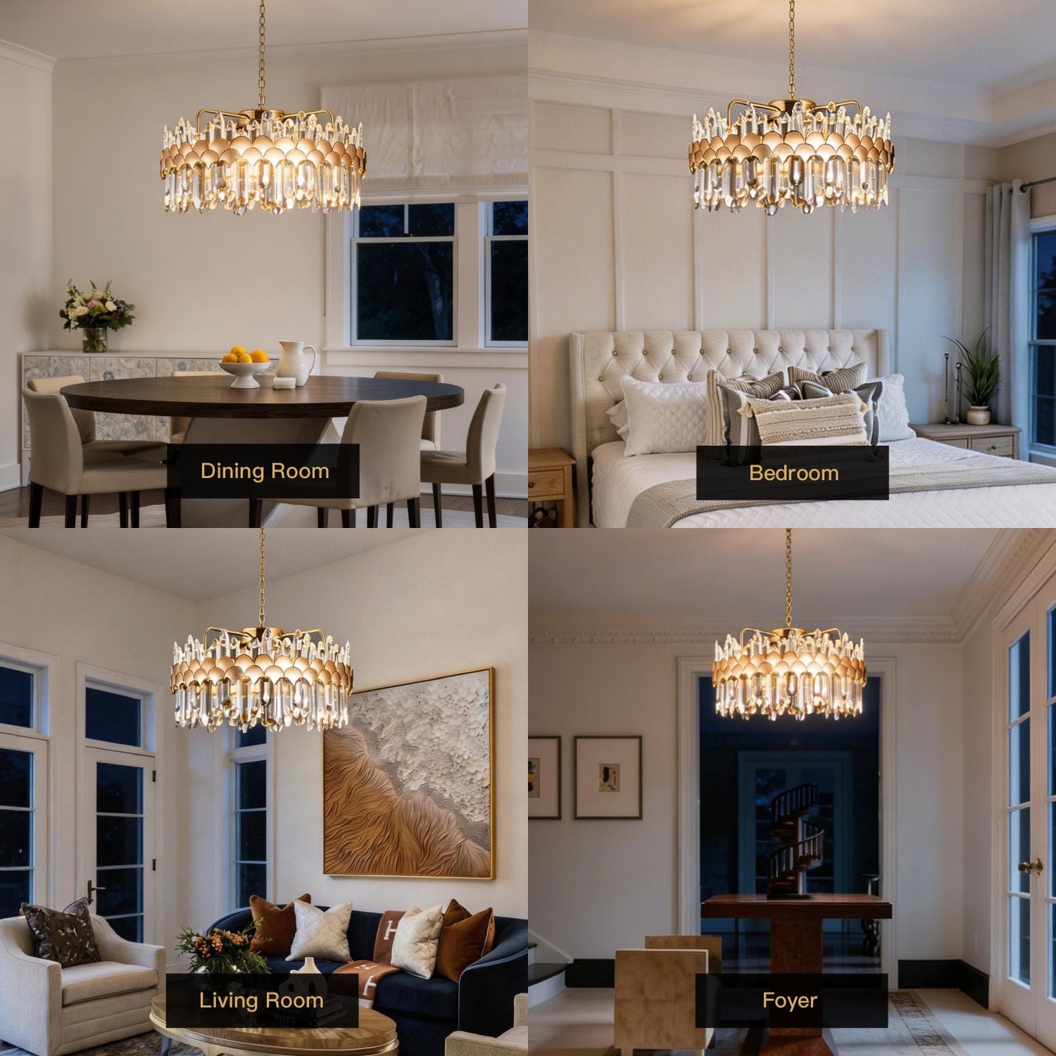 modern gold round crystal chandelier used in dining room bedroom living room and foyer interior spaces | Sofary Lighting