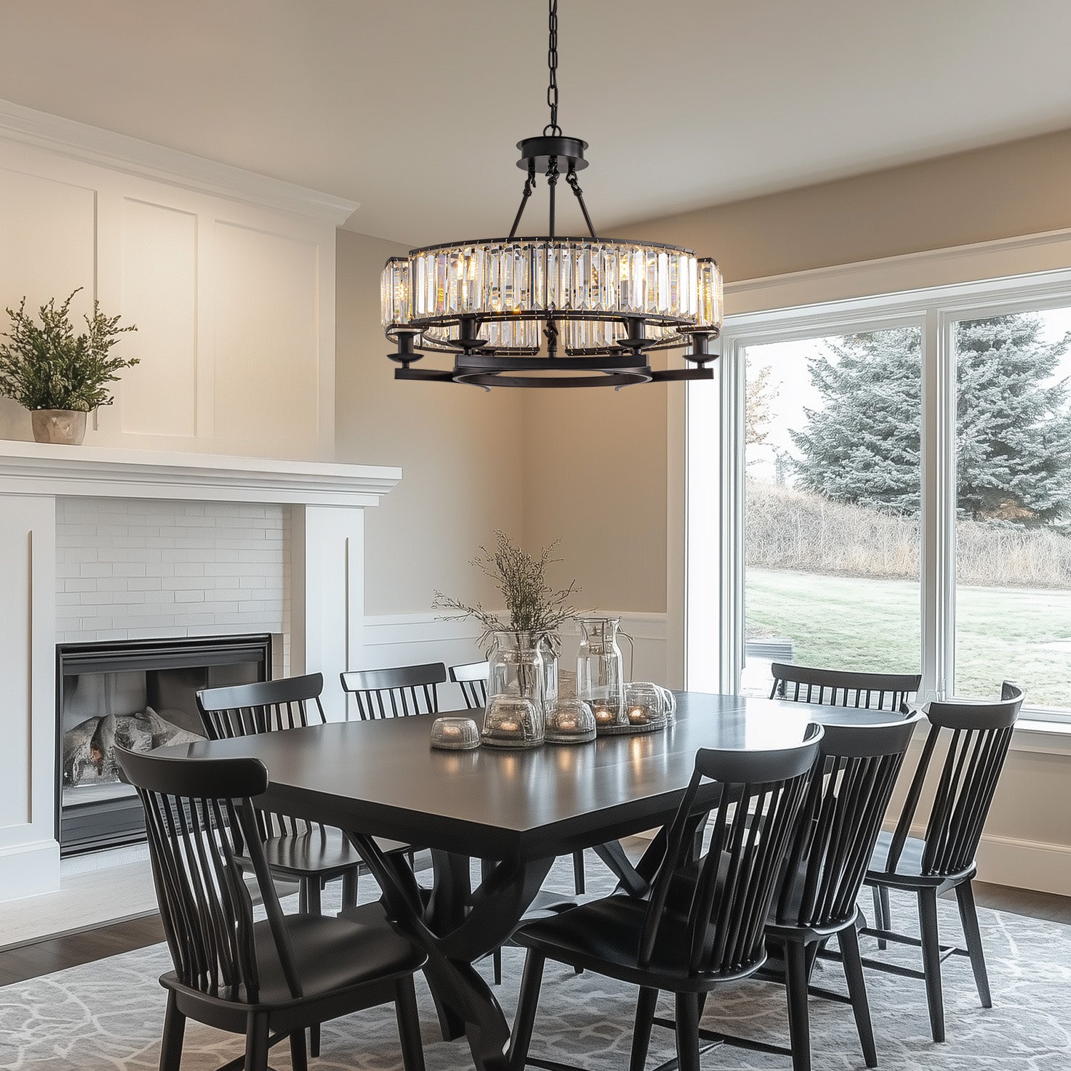 round modern rustic farmhouse crystal chandelier pendant light illuminating large dining room with rustic decor | Sofary Lighting