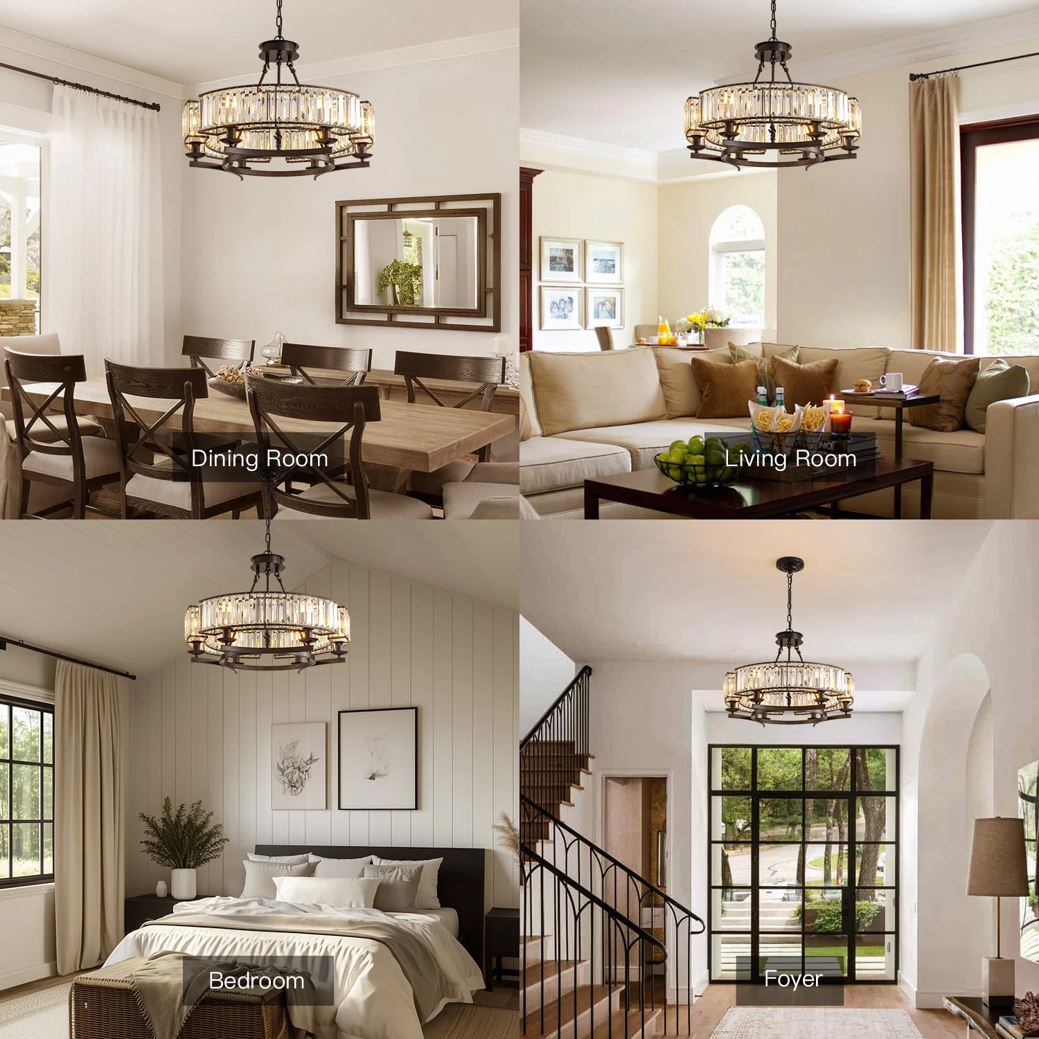round modern rustic farmhouse crystal chandelier pendant light for dining room living room bedroom and foyer lighting applications | Sofary Lighting