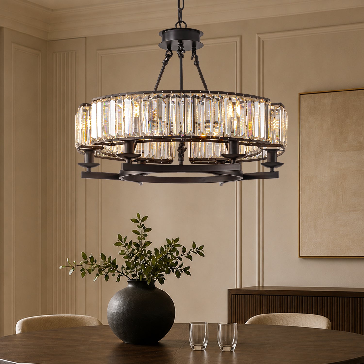 round modern rustic farmhouse crystal chandelier with k9 crystals and black metal frame | Sofary Lighting