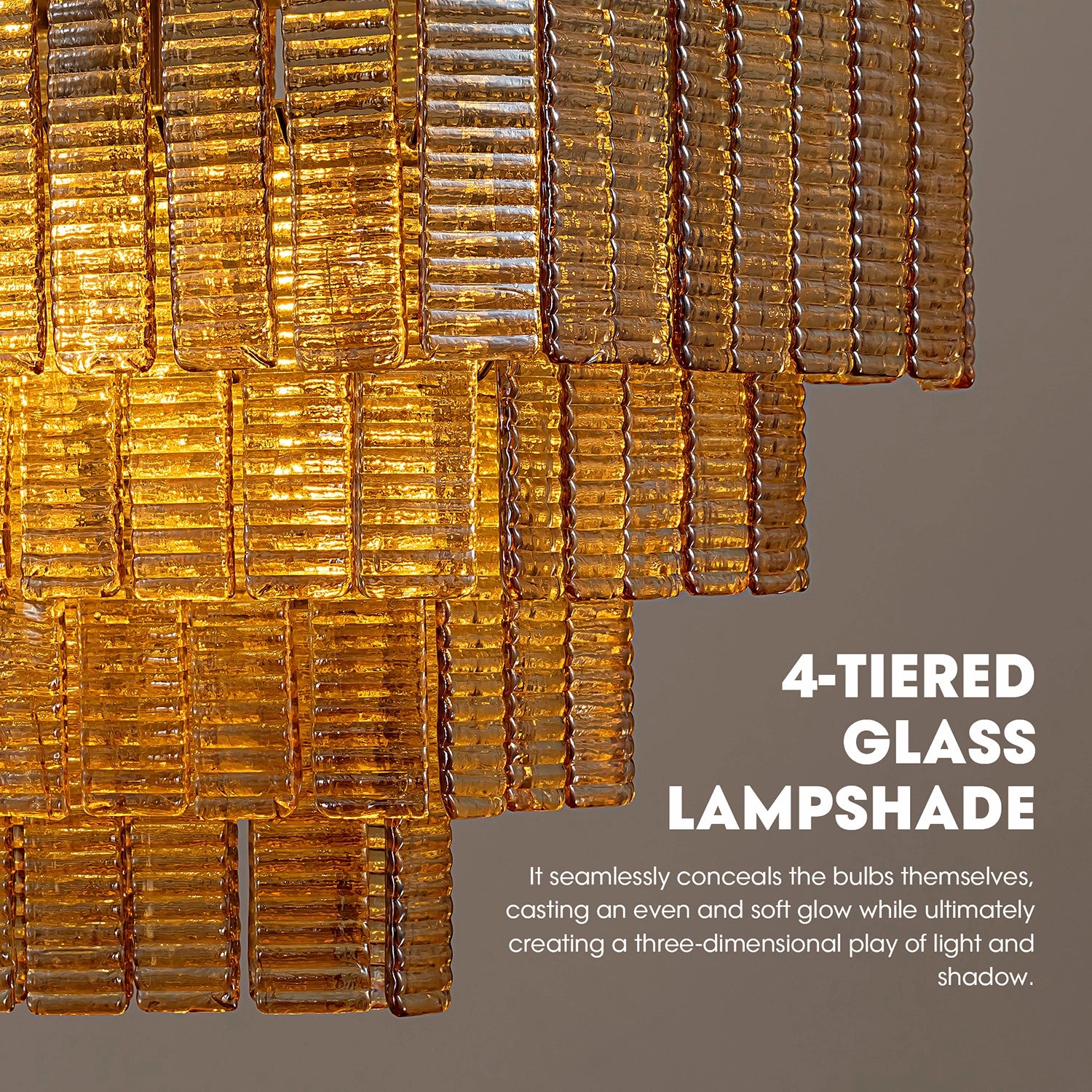 Close-up of tiered textured glass chandelier panels that cast a soft, even glow for a luxury dining or living room. Sofary Lighting