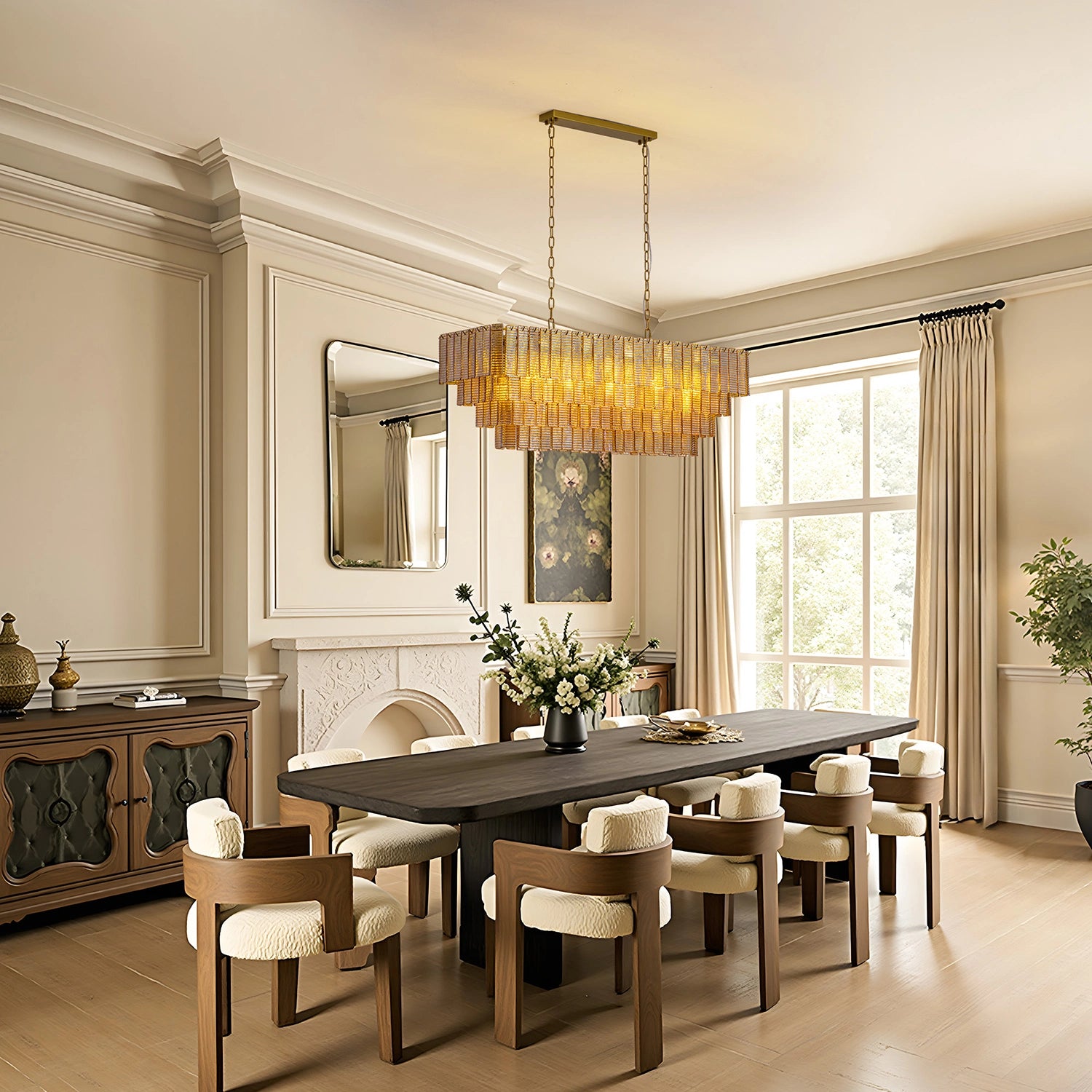 Warm luxury lighting from a tiered glass chandelier in a sophisticated vintage-inspired room with wood paneling and gallery wall. Sofary Lighting