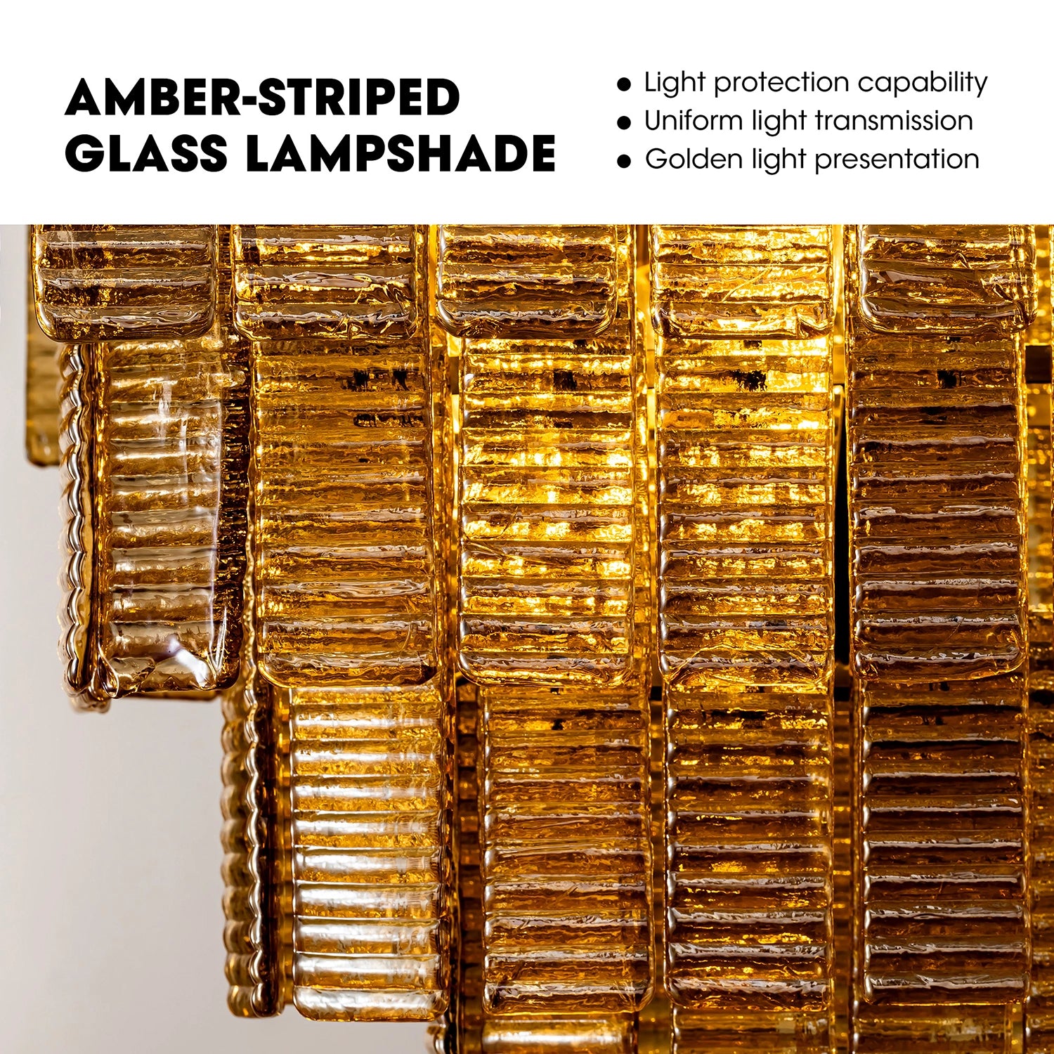 Close-up of amber-striped glass lampshade panels showing the ribbed texture and uniform light transmission of the chandelier. Sofary Lighting