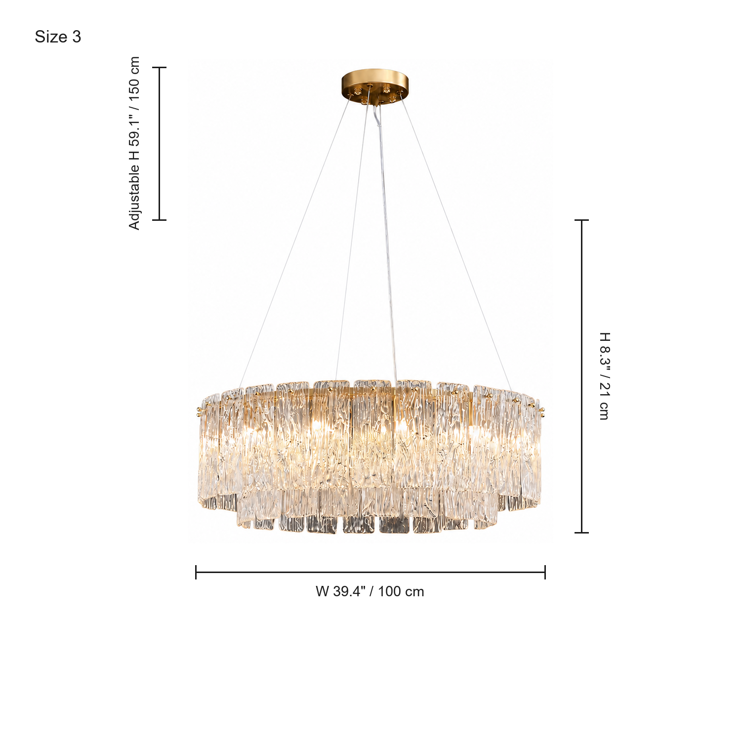 Rivellia Contemporary Gold Rippled Glass Ring Chandelier size 100cm