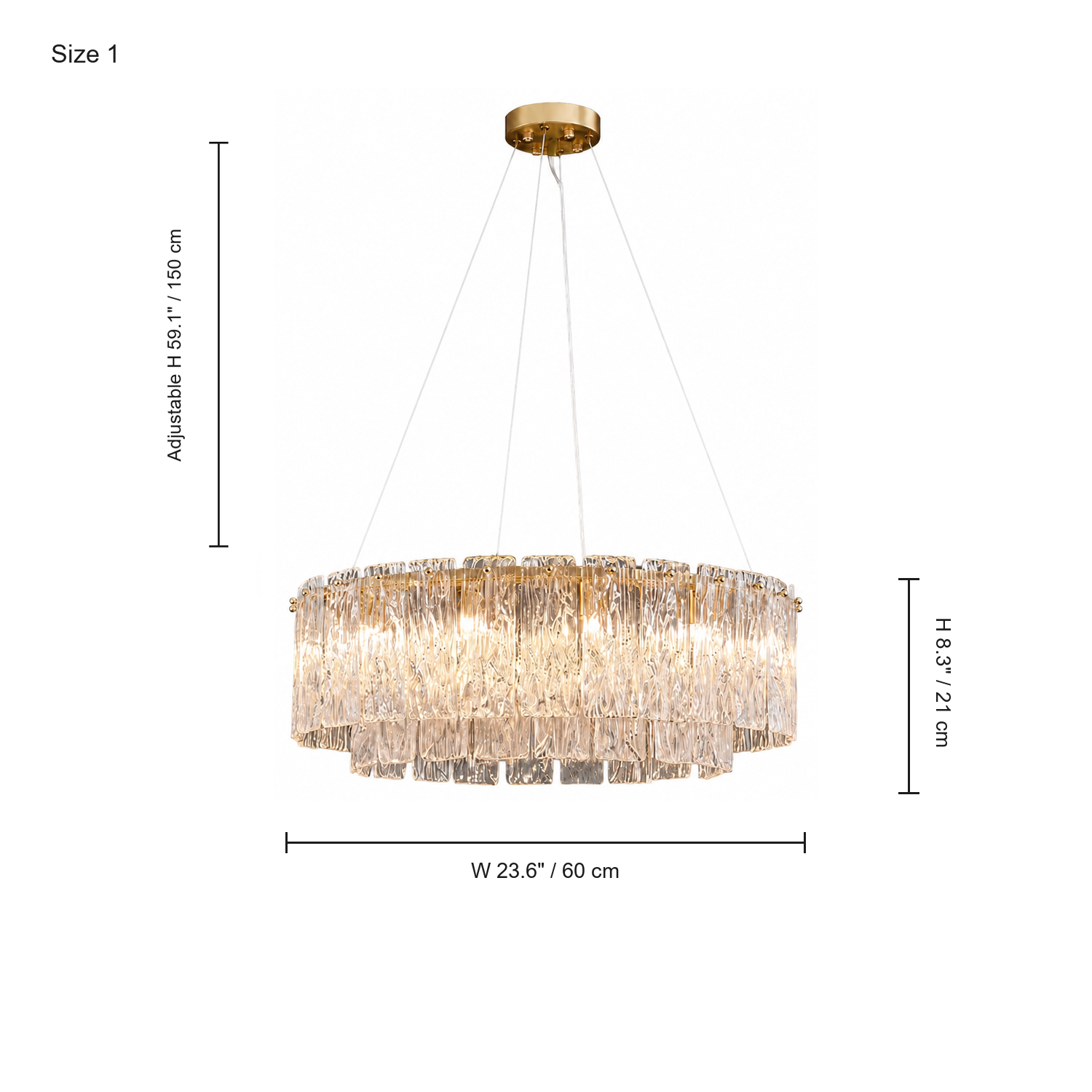 Rivellia Contemporary Gold Rippled Glass Ring Chandelier size 60cm
