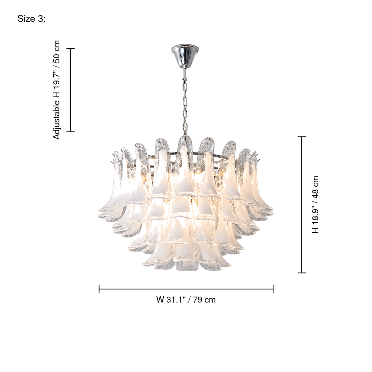 Veloria 79 cm silver hand-formed glass petal chandelier dimensions