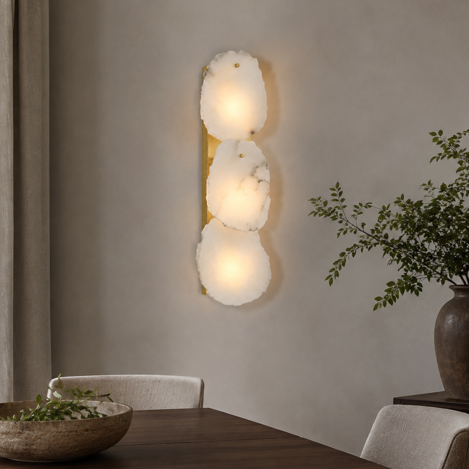 Solenne Modern Gold Natural Alabaster Petal Wall Sconce main dining room