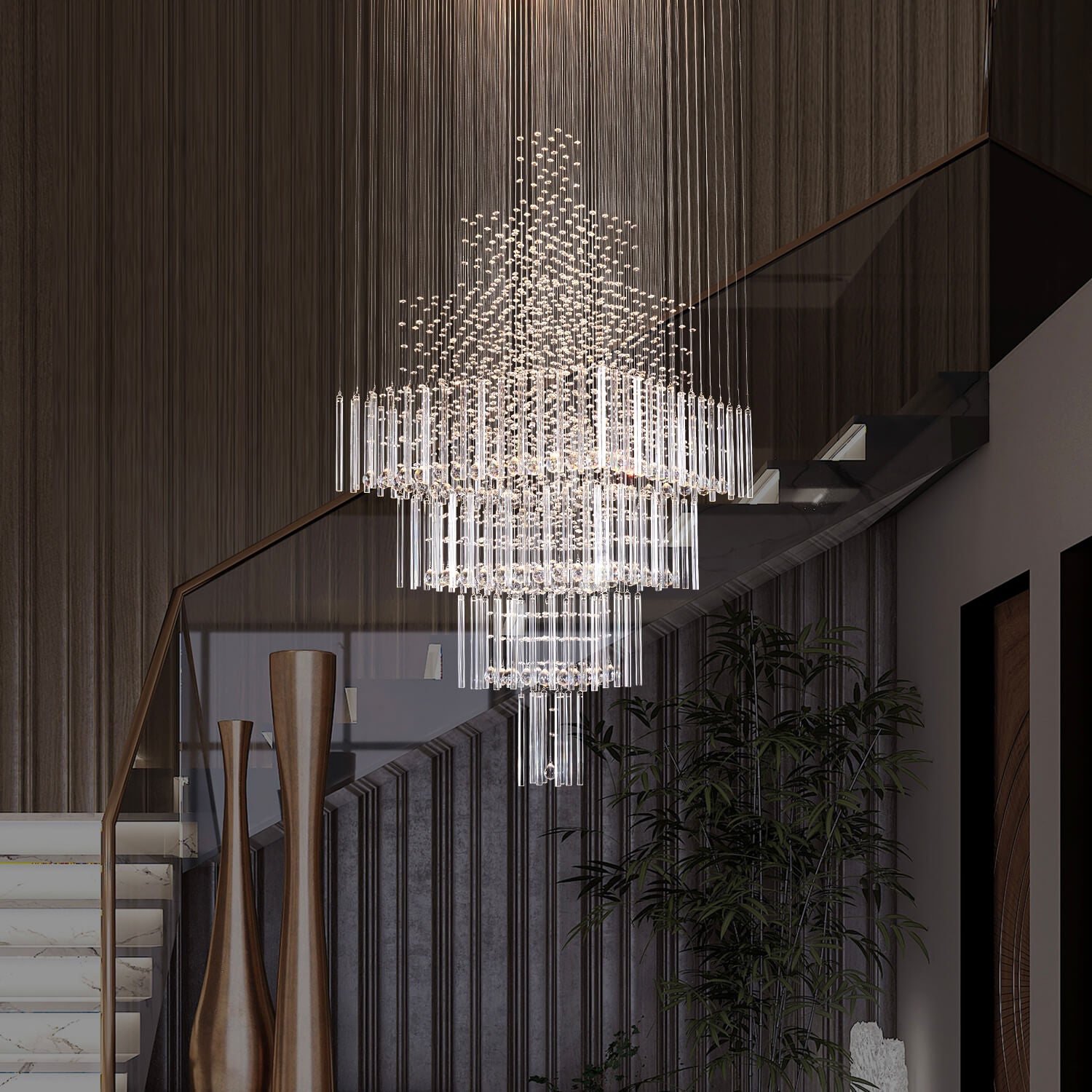Square Floating Castle Raindrop Crystal Chandelier-staircase-2|Sofary