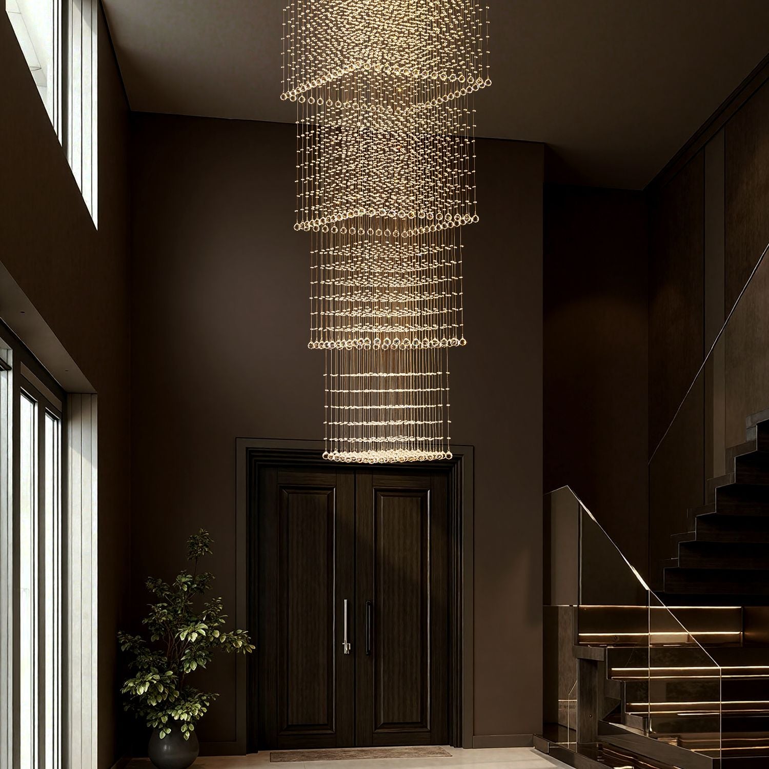 square-long-crystal-raindrop-chandelier-foyer-1 | Sofary Lighting
