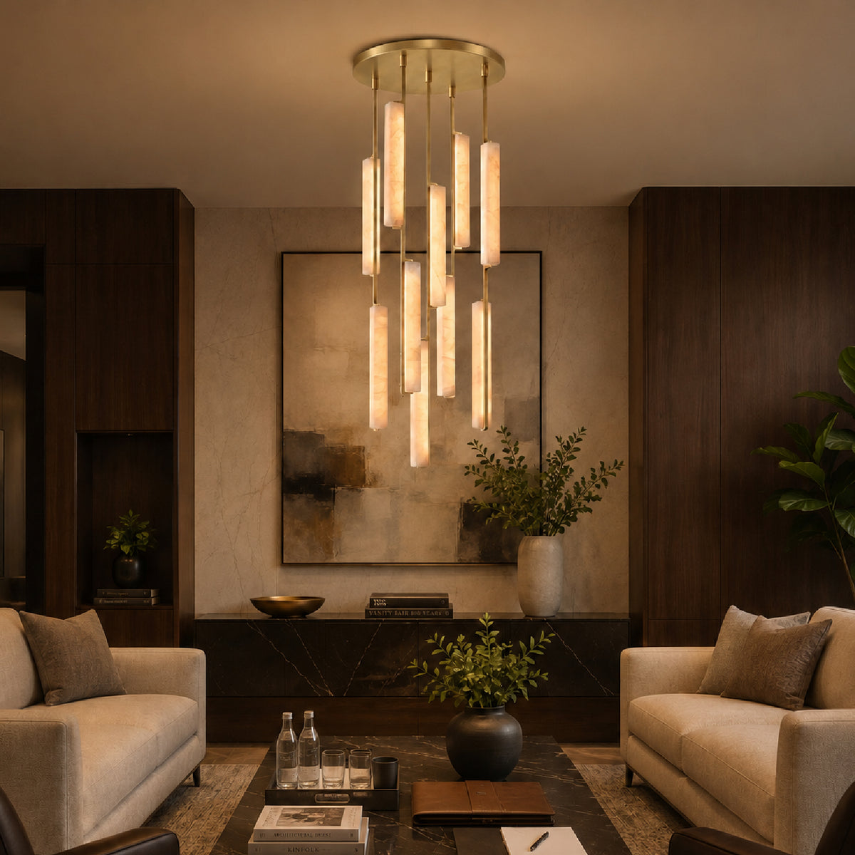 Stamen Modern Minimalist Alabaster Vertical Chandelier in a commercial conference room — hanging above a circular wooden table with modern decor, bookshelves, and sophisticated lighting