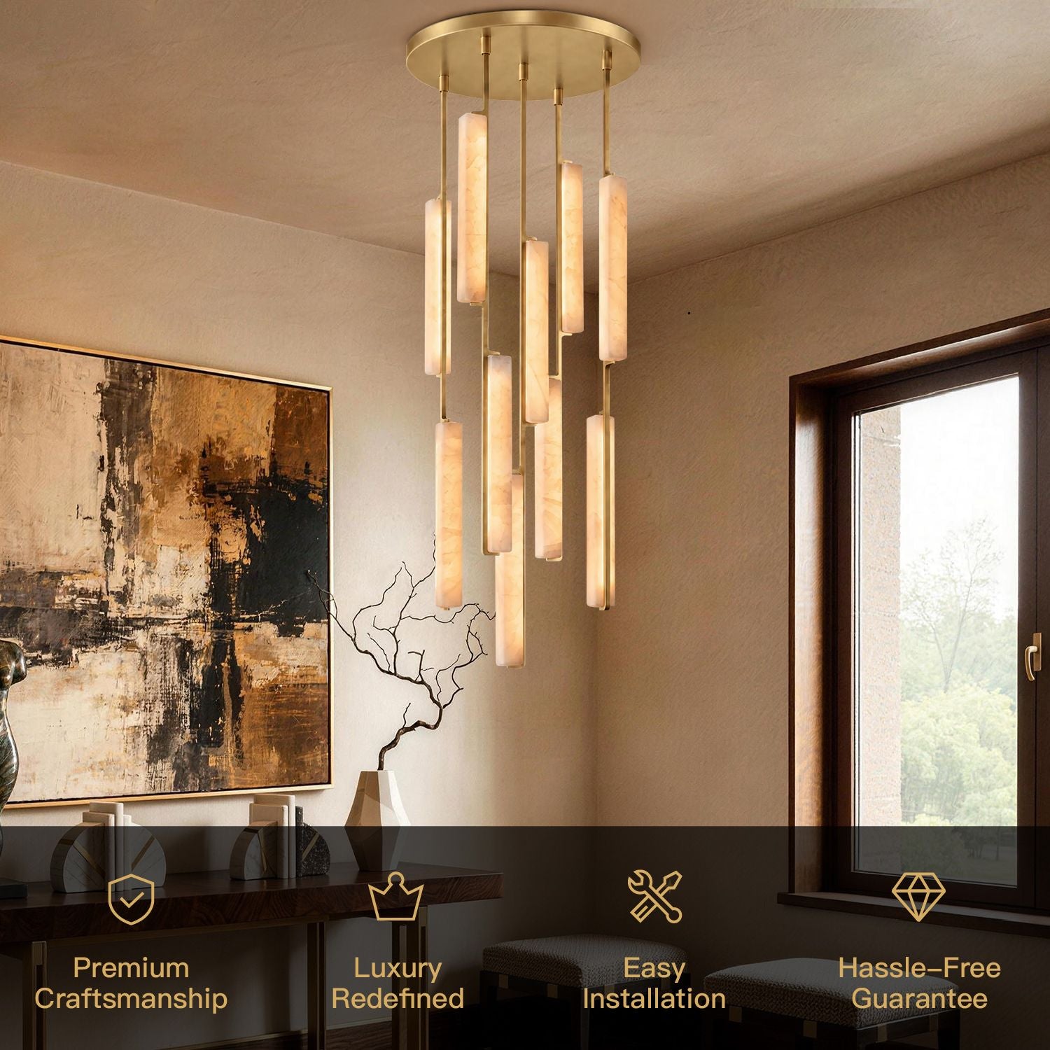 Stamen Modern Minimalist Alabaster Vertical Chandelier key features: Premium Craftsmanship, Luxury Redefined, Easy Installation, Hassle-Free Guarantee — displayed over a dining table with warm ambient lighting