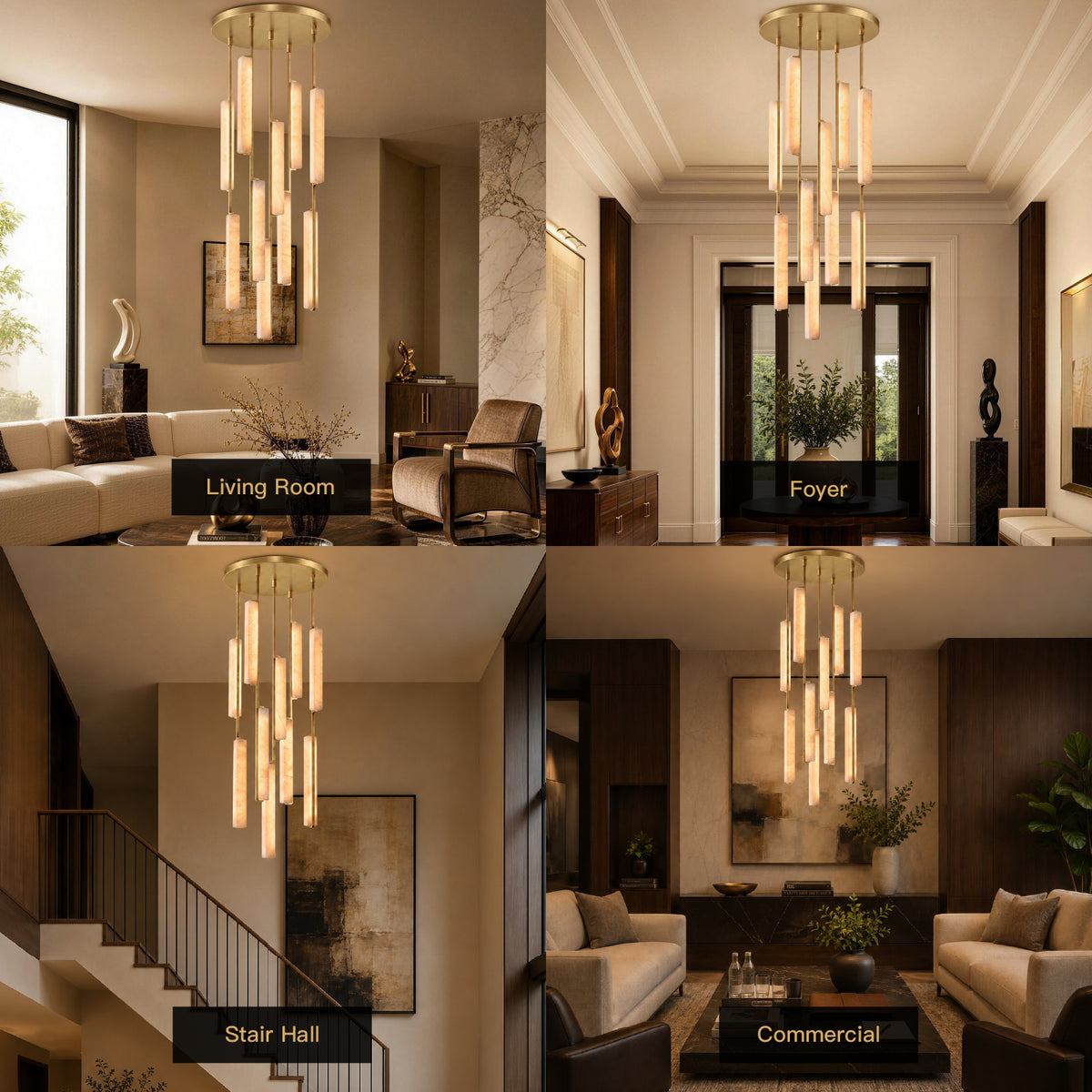 Stamen Modern Minimalist Alabaster Vertical Chandelier in 4 home/commercial scenes: Living Room (beige sofa), Foyer (entryway with art), Dining Room (wooden table), Commercial (conference room)