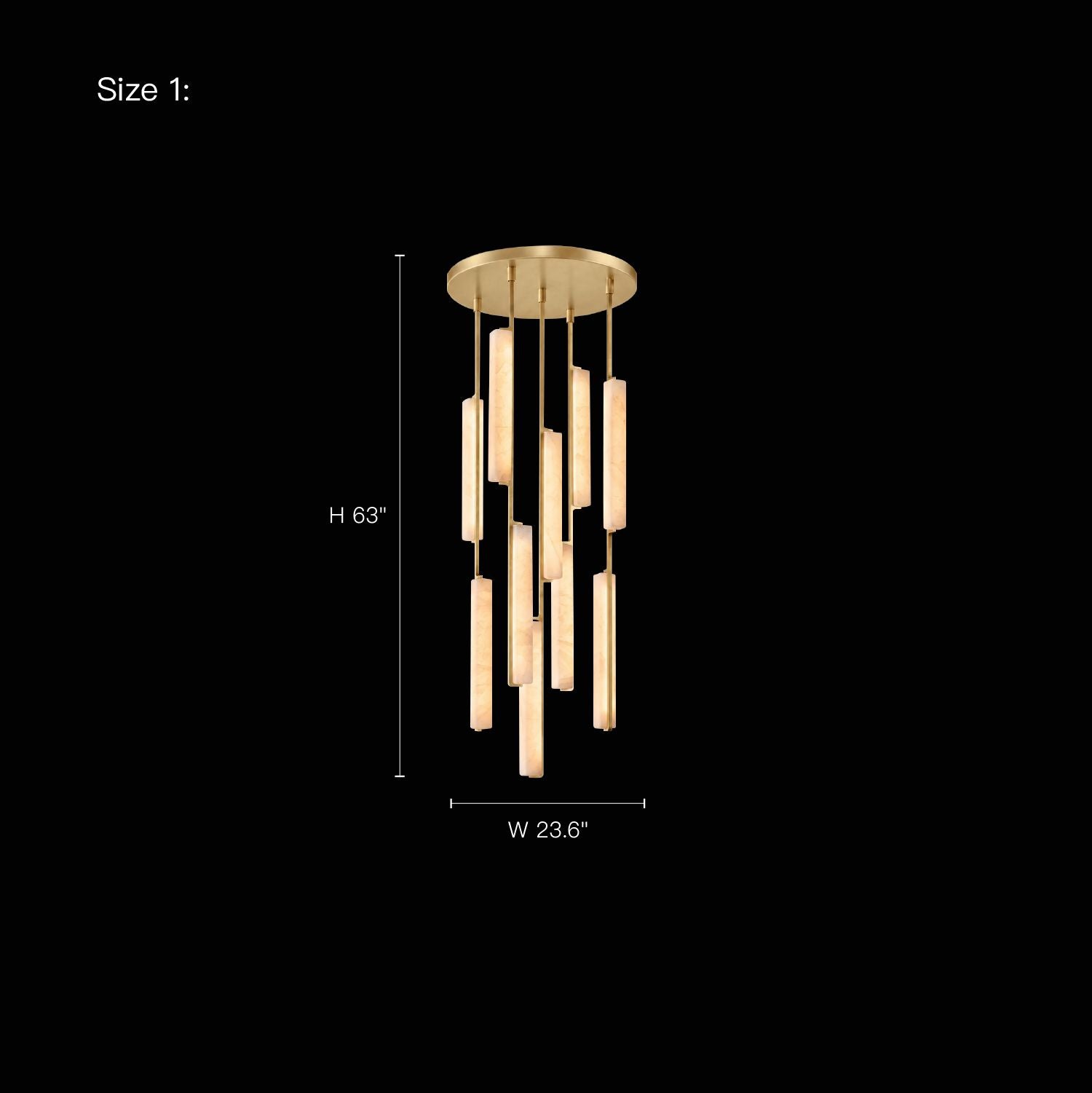 Stamen Modern Minimalist Alabaster Vertical Chandelier Size 1 — dimensions: Height 63 inches, Width 23.6 inches, featuring vertical alabaster rods and gold-tone hardware