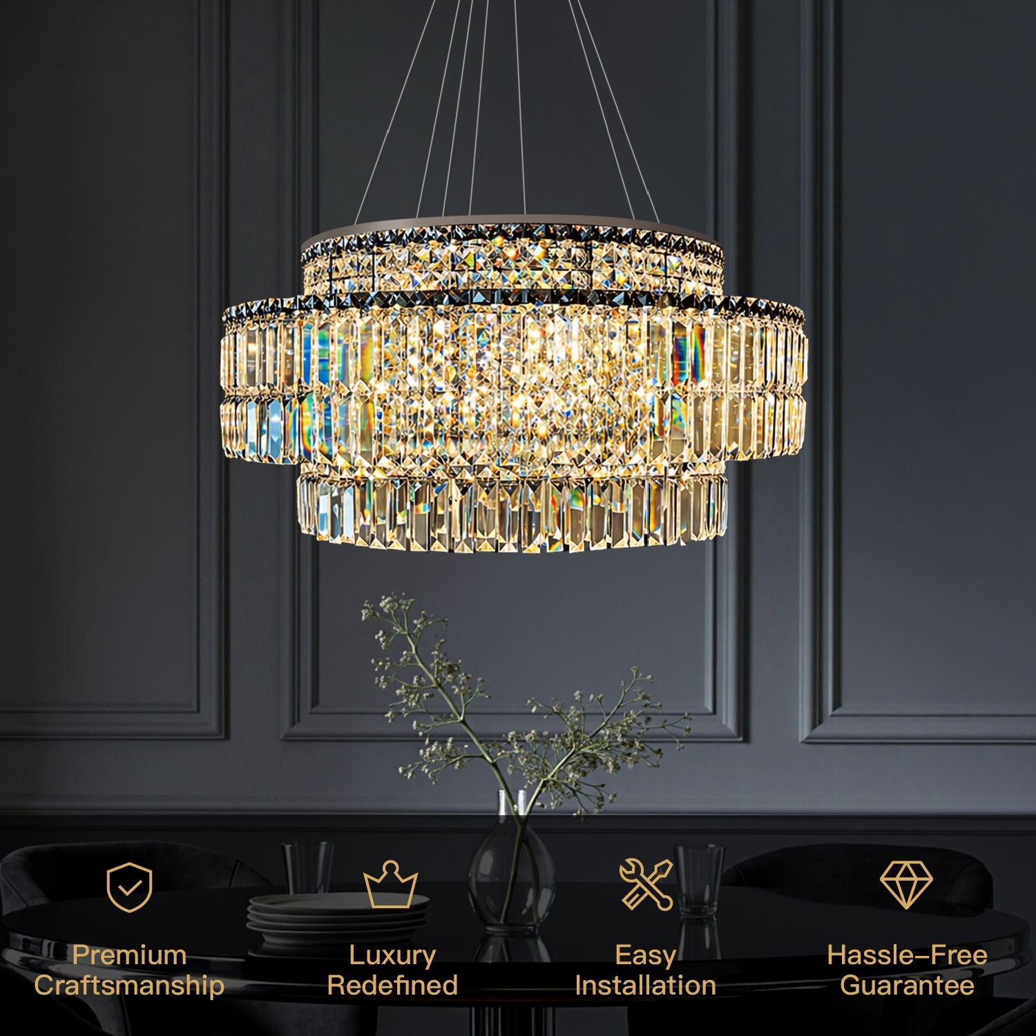 Stellar Modern Silver Multi-Faceted K9 Crystal Round Chandelier key features: Premium Craftsmanship, Luxury Redefined, Easy Installation, Hassle-Free Guarantee | Sofary Lighting
