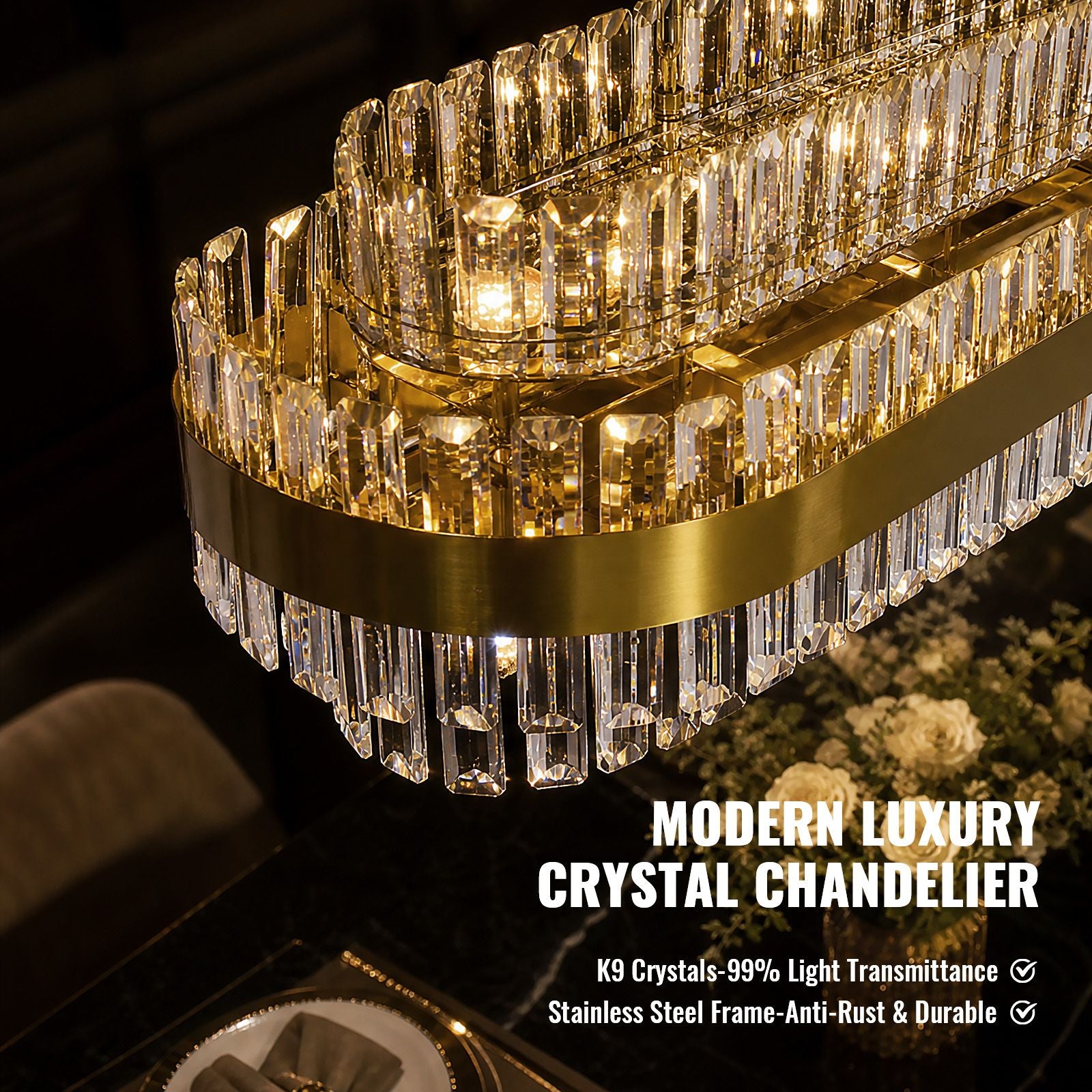Close-up of Valence Modern Luxury Crystal Chandelier — K9 crystals with 99% light transmittance, anti-rust stainless steel frame, brilliant refraction | Sofary Lighting