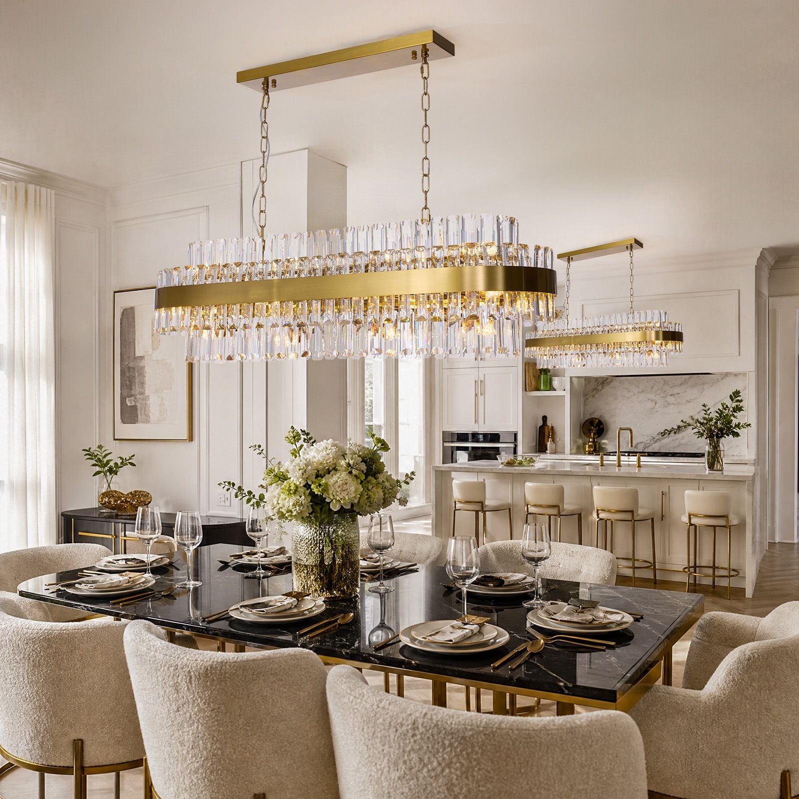 Valence Rectangular Crystal Chandelier above formal dining table — black marble top, cream upholstered chairs, floral centerpiece, glamorous focal point | Sofary Lighting