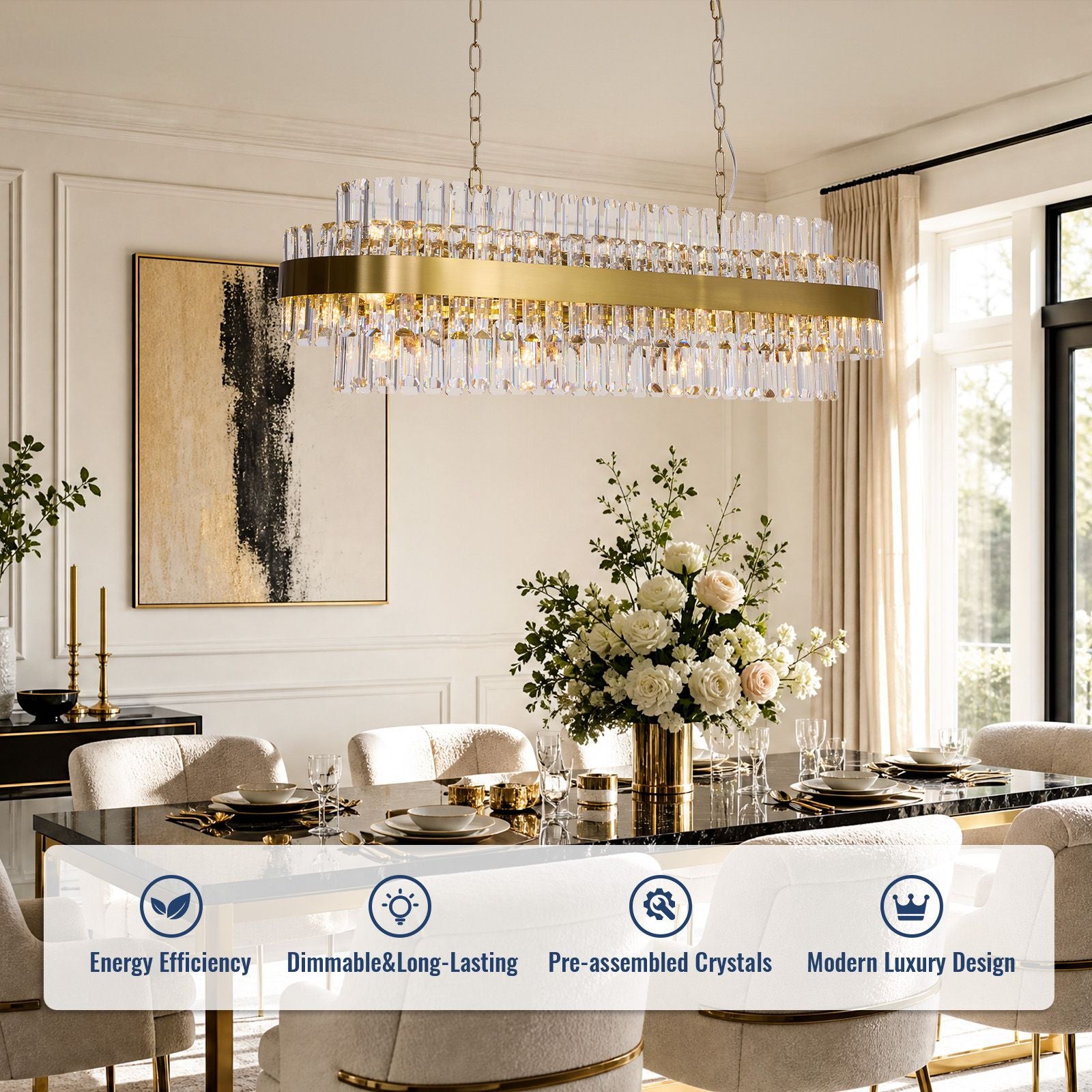 Valence Crystal Chandelier key features — energy efficiency, dimmable long-lasting performance, pre-assembled crystals, modern luxury design for upscale interiors | Sofary Lighting