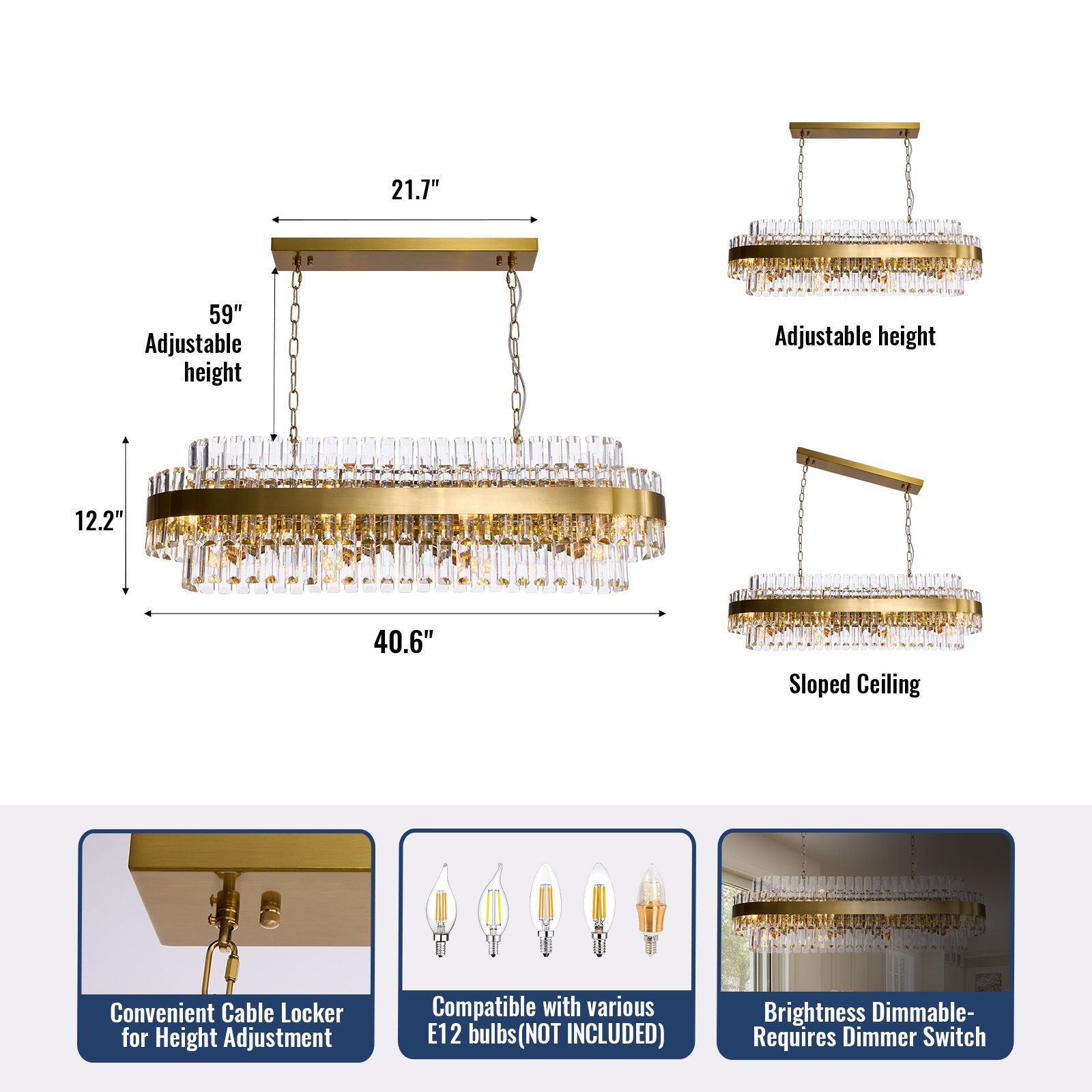 Valence Rectangular Chandelier dimensions — 40.6" length, 21.7" width, 12.2" height, 59" adjustable chain, compatible with sloped ceilings and E12 bulbs (not included) | Sofary Lighting