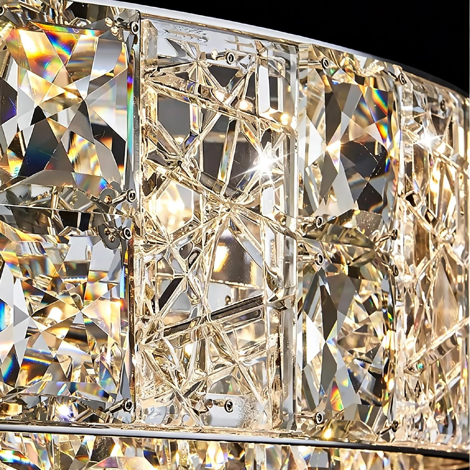 Close-up detail of the Valeria Luxury Chrome K9 Crystal Wave Chandelier — showcasing the intricate wave-like structure and sparkling K9 crystal prisms with rainbow refraction | Sofary Lighting