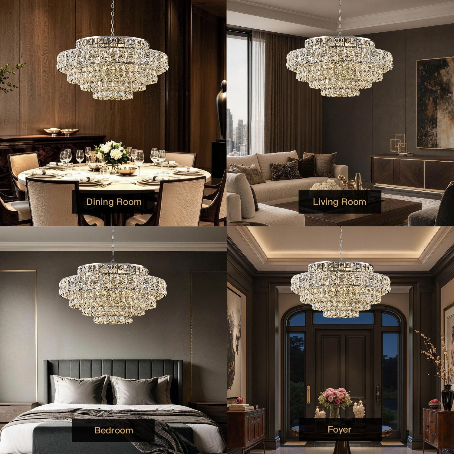 Valeria Luxury Chrome K9 Crystal Wave Chandelier in 4 home scenes: Dining Room (table setting), Living Room (sofa and coffee table), Bedroom (green headboard), Foyer (entryway table) | Sofary Lighting