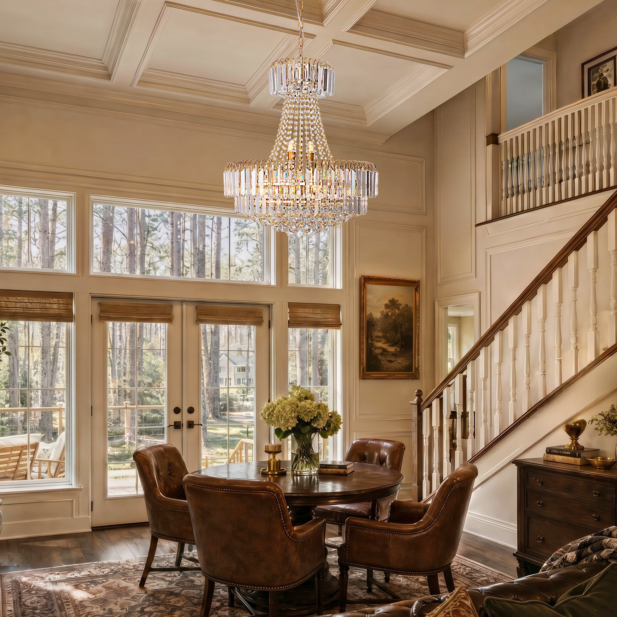 Valerisse gold crystal tiered empire chandelier in an open dining room and staircase