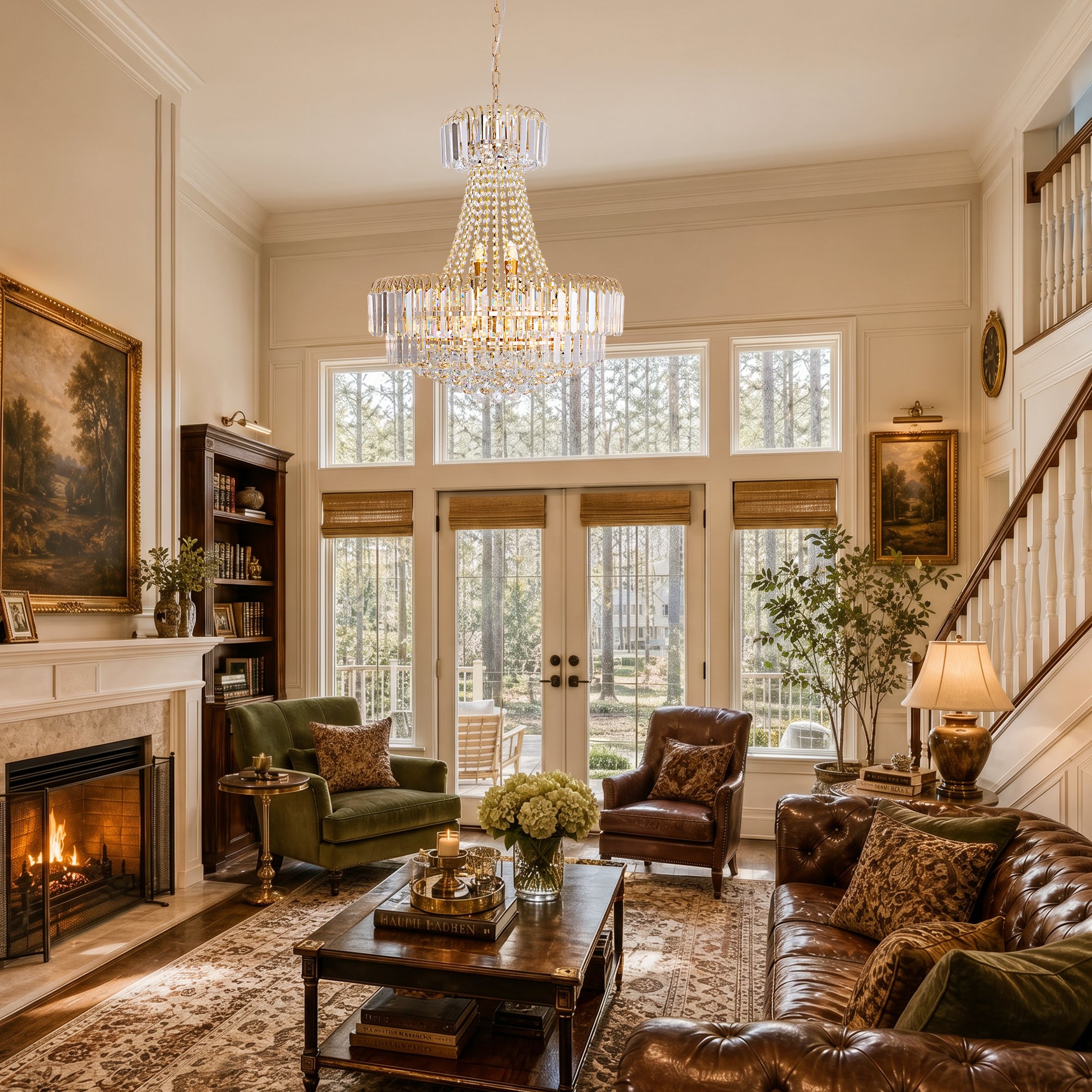 Valerisse gold crystal tiered empire chandelier in a living room