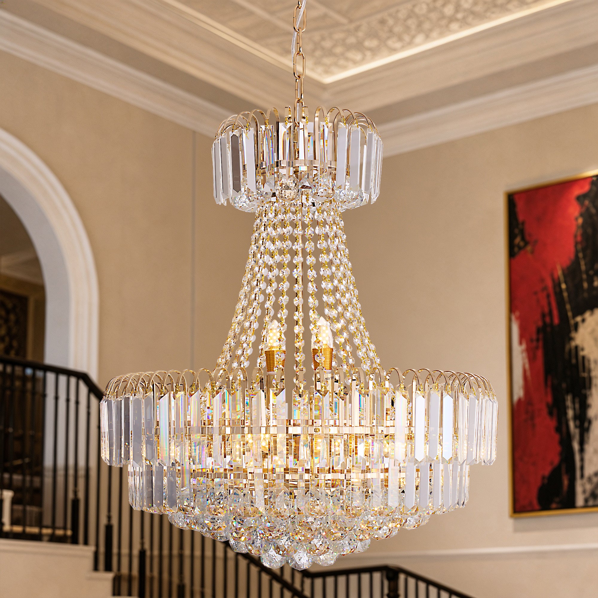 Valerisse gold crystal tiered empire chandelier in a staircase foyer